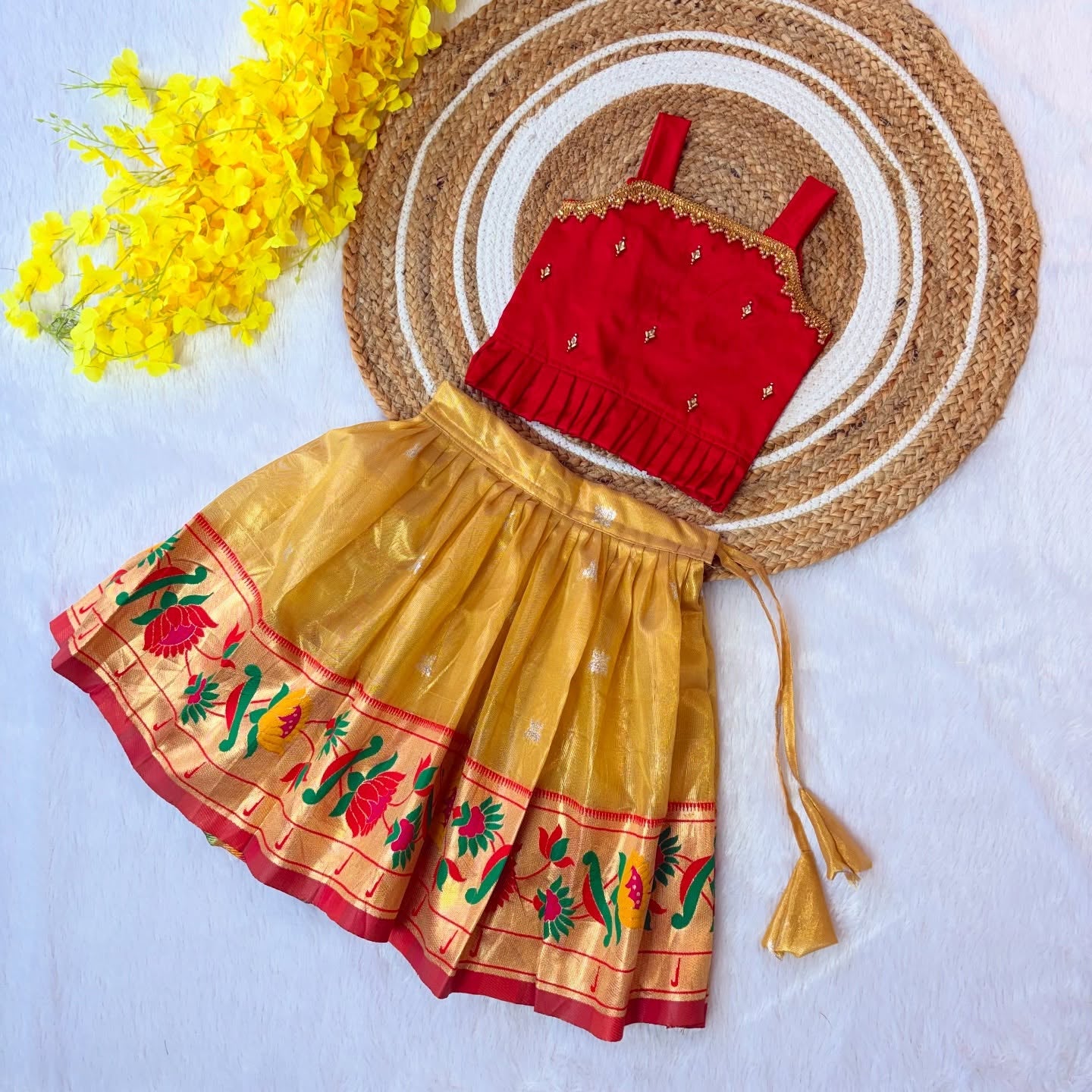Golden Yellow Tissue Skirt with Red Silk Top