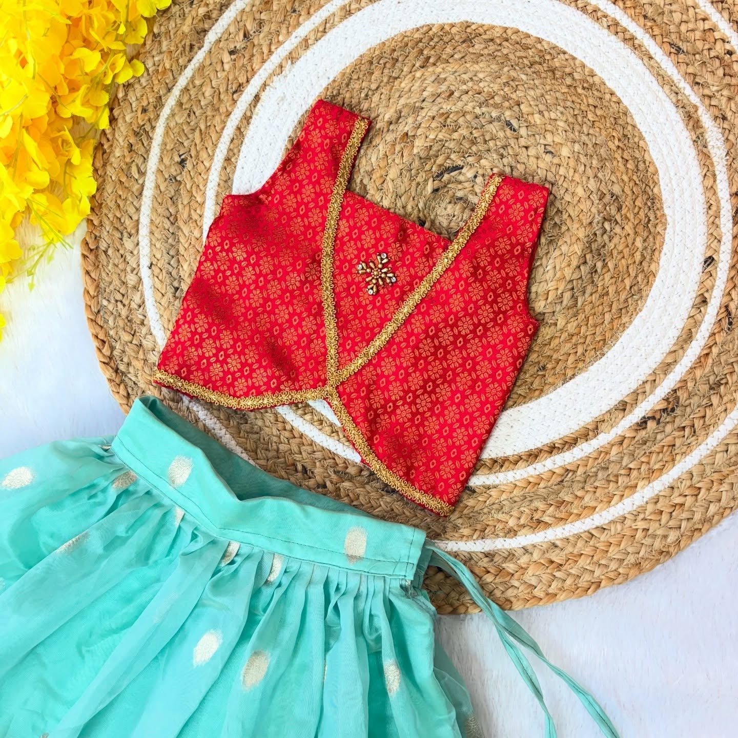 Pastel Blue Soft Organza Skirt with Red Brocade Top