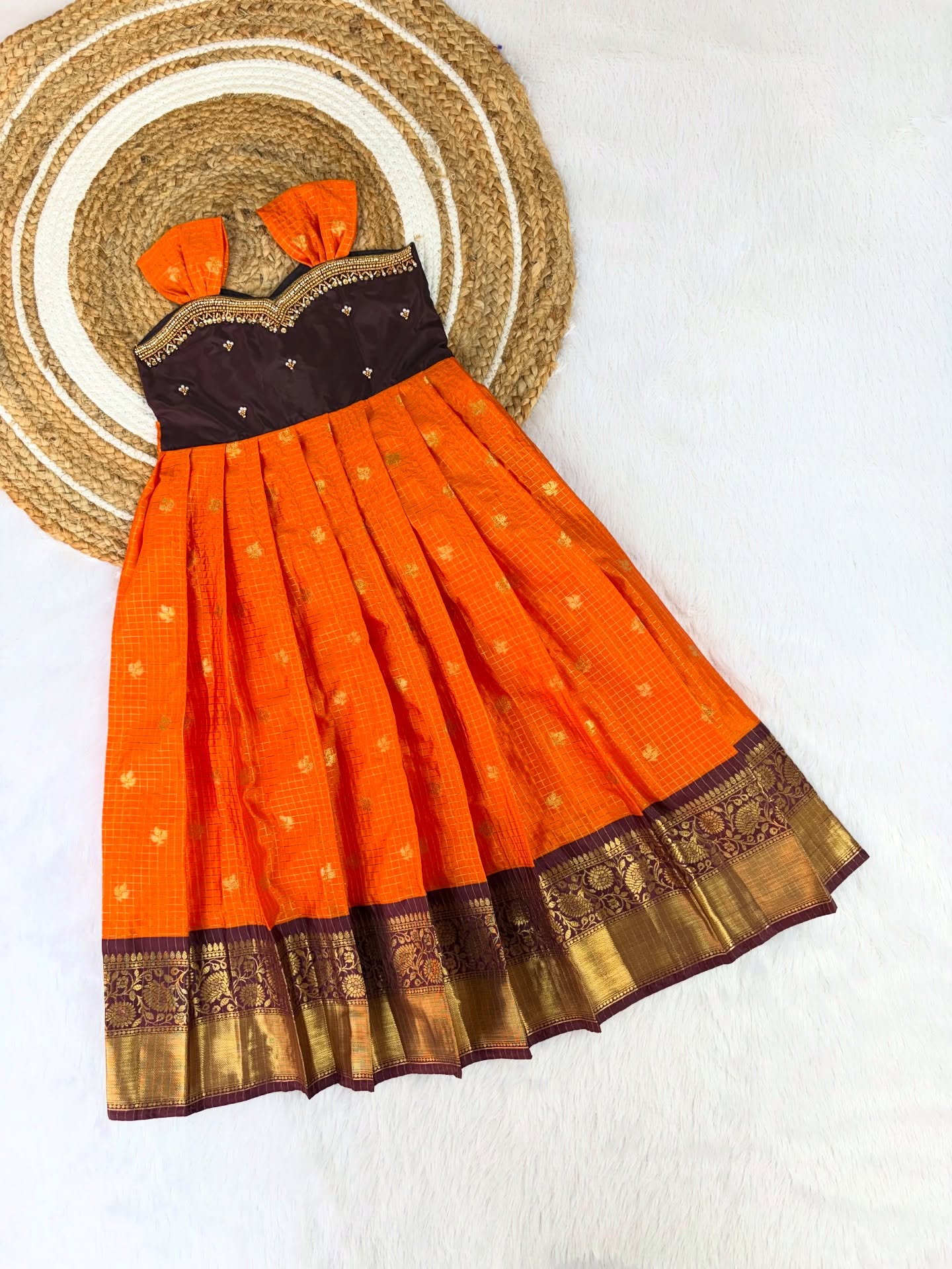 Ratnamala - Orange & Maroon Vintage Banarasi Frock with Aari-Work Neckline