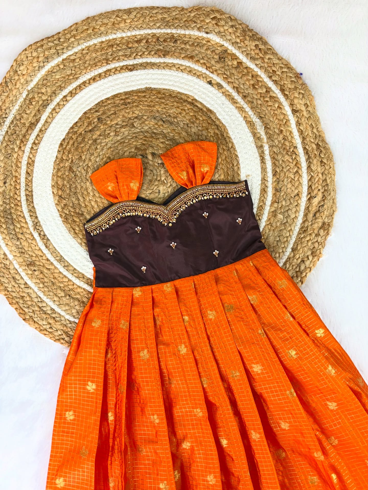 Ratnamala - Orange & Maroon Vintage Banarasi Frock with Aari-Work Neckline