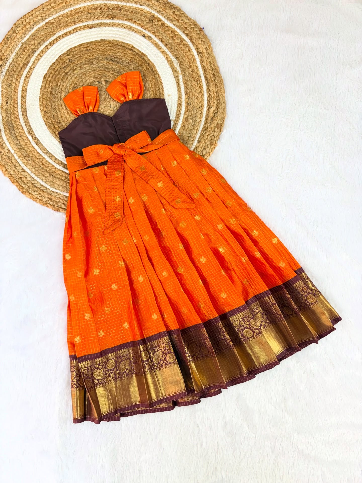 Ratnamala - Orange & Maroon Vintage Banarasi Frock with Aari-Work Neckline