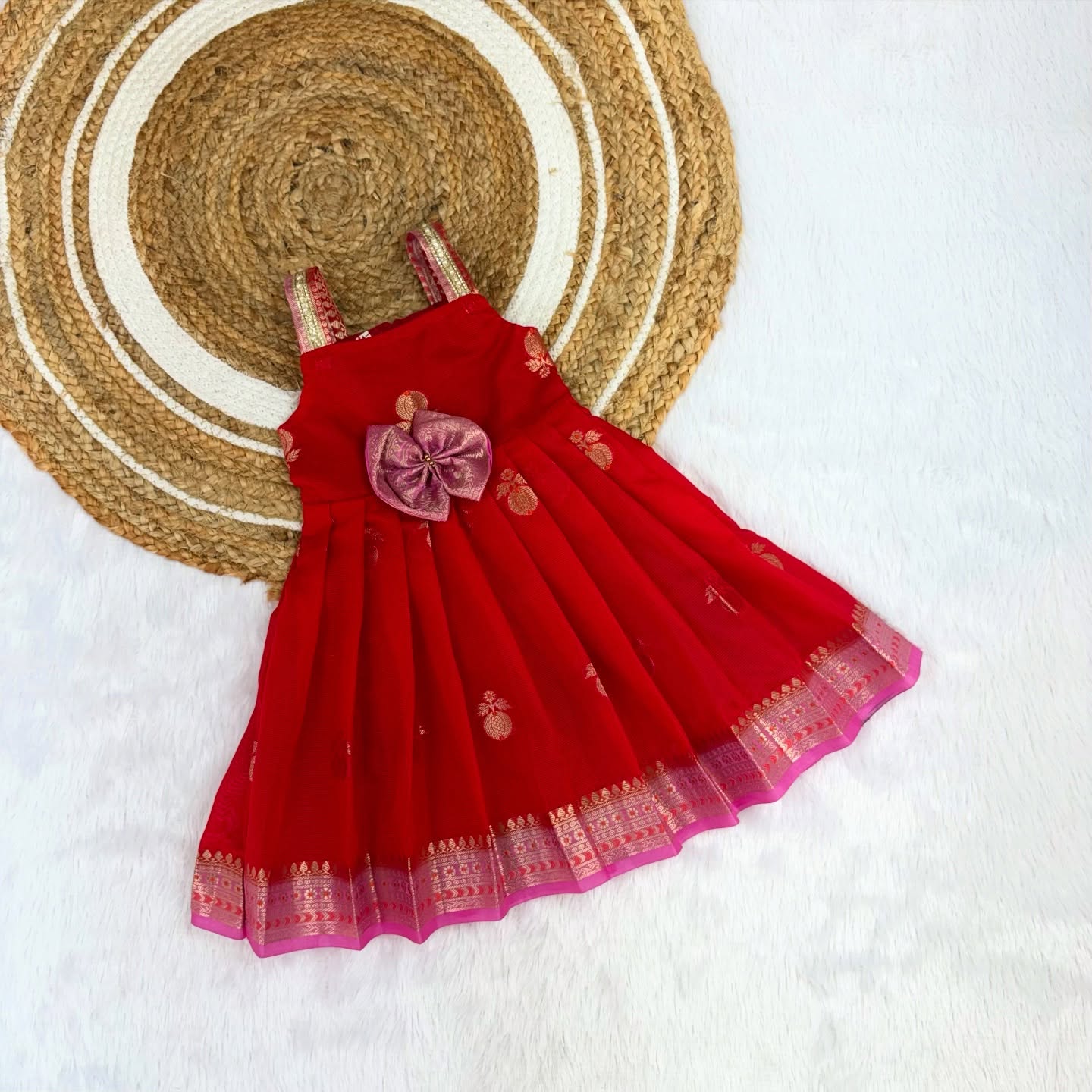 Red and Light Pink Banarasi Silk Frock