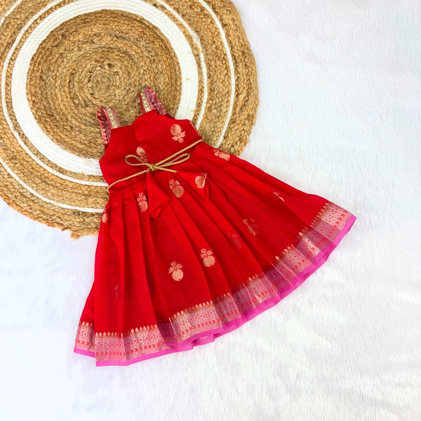 Red and Light Pink Banarasi Silk Frock