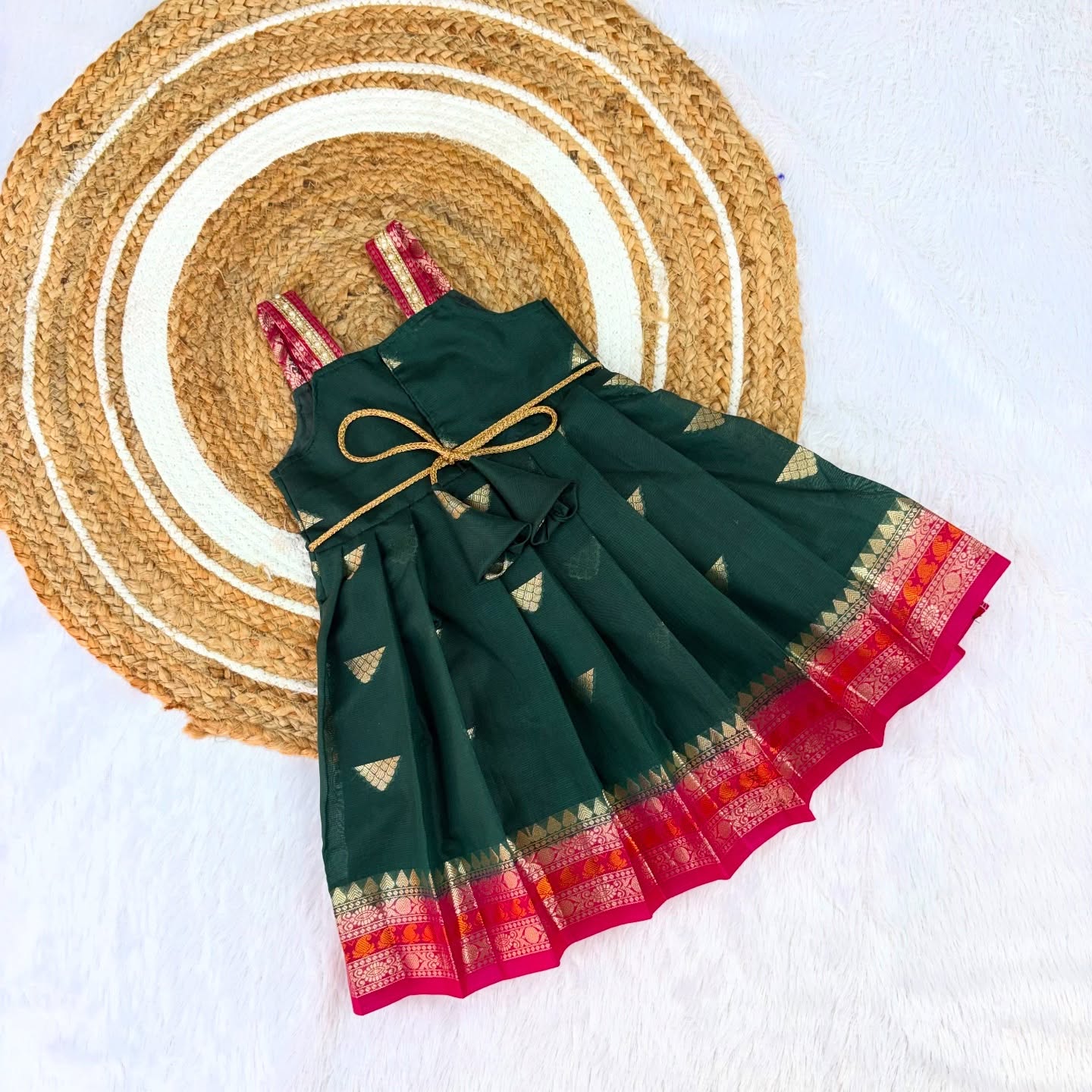 Dark Green and Pink Banarasi Silk Frock