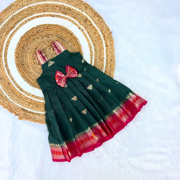 Dark Green and Pink Banarasi Silk Frock