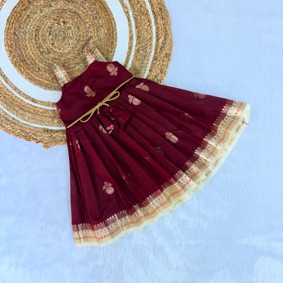 Maroon and Cream Banarasi Silk Frock