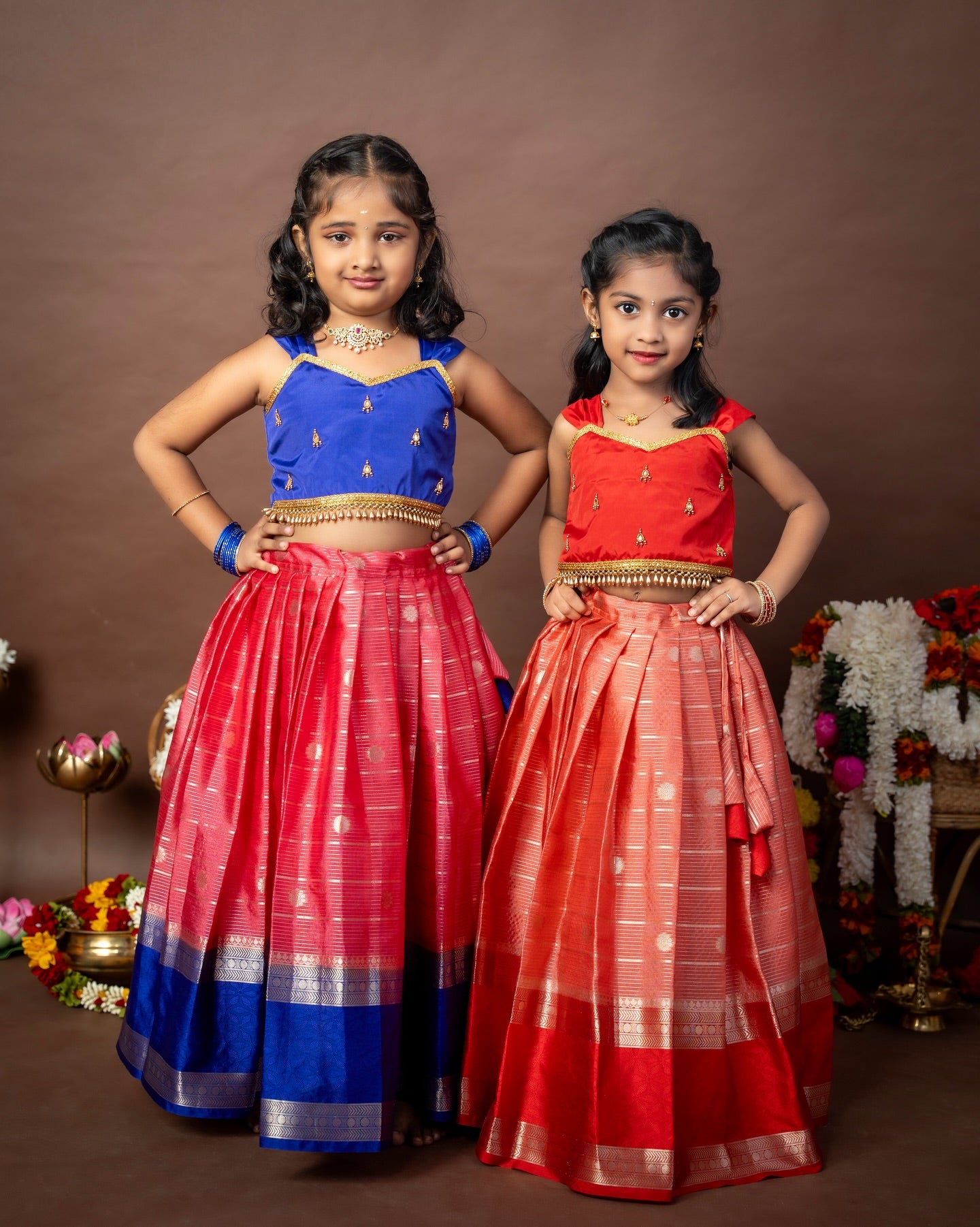 Premium Banarasi Pattu Paavadai Sattai - Candy Pink And Royal Blue Combo