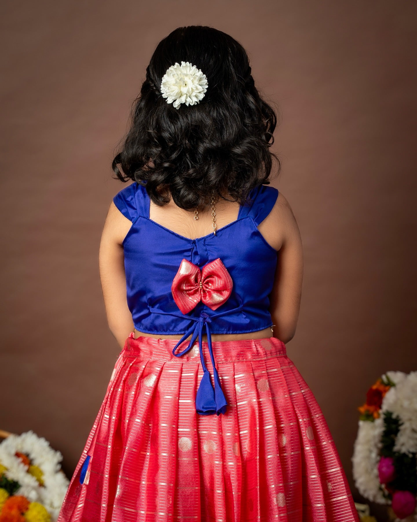 Premium Banarasi Pattu Paavadai Sattai - Candy Pink And Royal Blue Combo