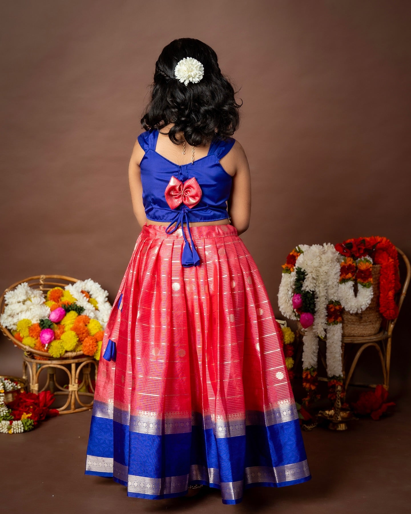 Premium Banarasi Pattu Paavadai Sattai - Candy Pink And Royal Blue Combo