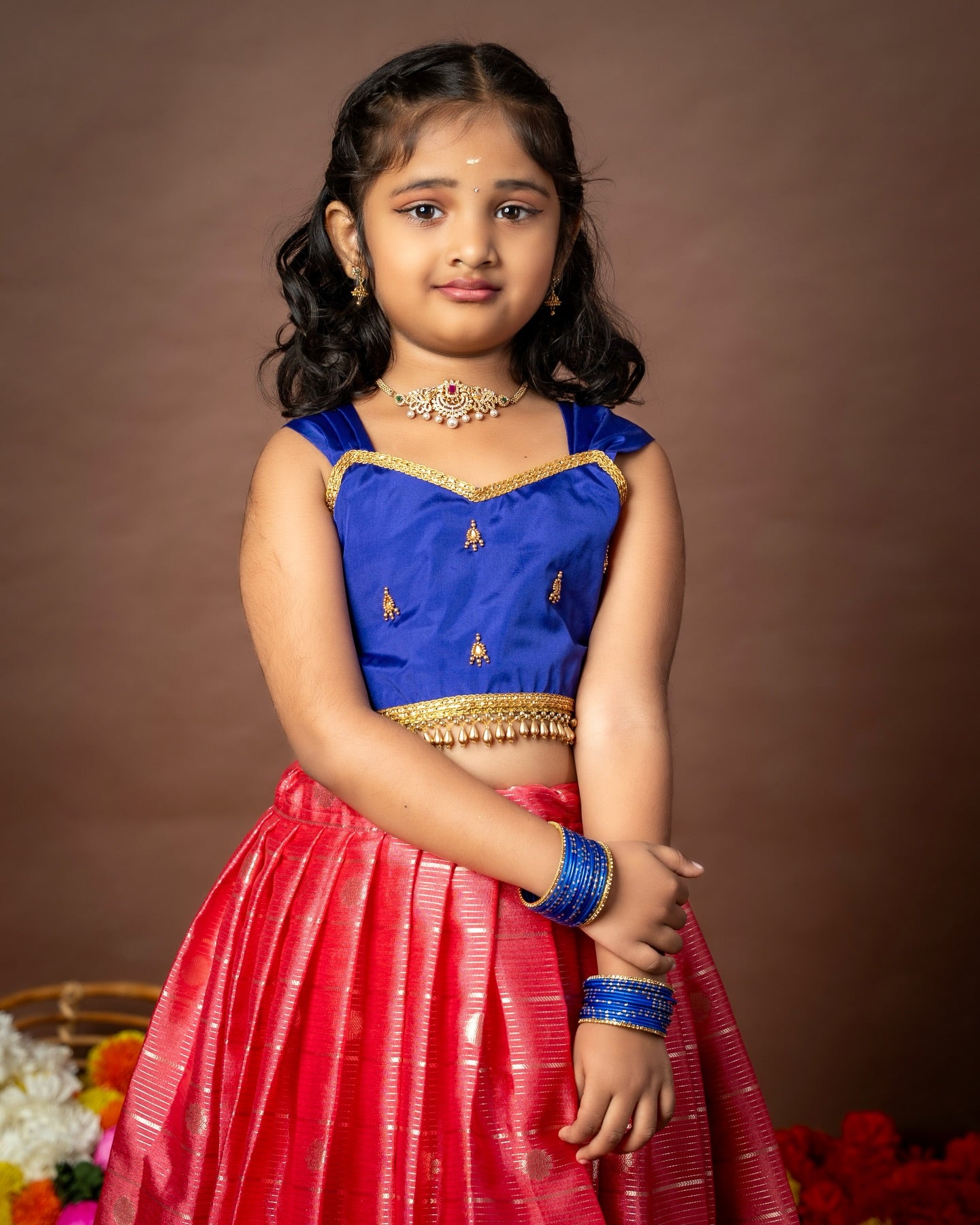 Premium Banarasi Pattu Paavadai Sattai - Candy Pink And Royal Blue Combo