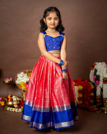 Premium Banarasi Pattu Paavadai Sattai - Candy Pink And Royal Blue Combo
