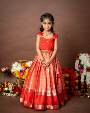Premium Banarasi Pattu Paavadai Sattai - Peach And Red Combo