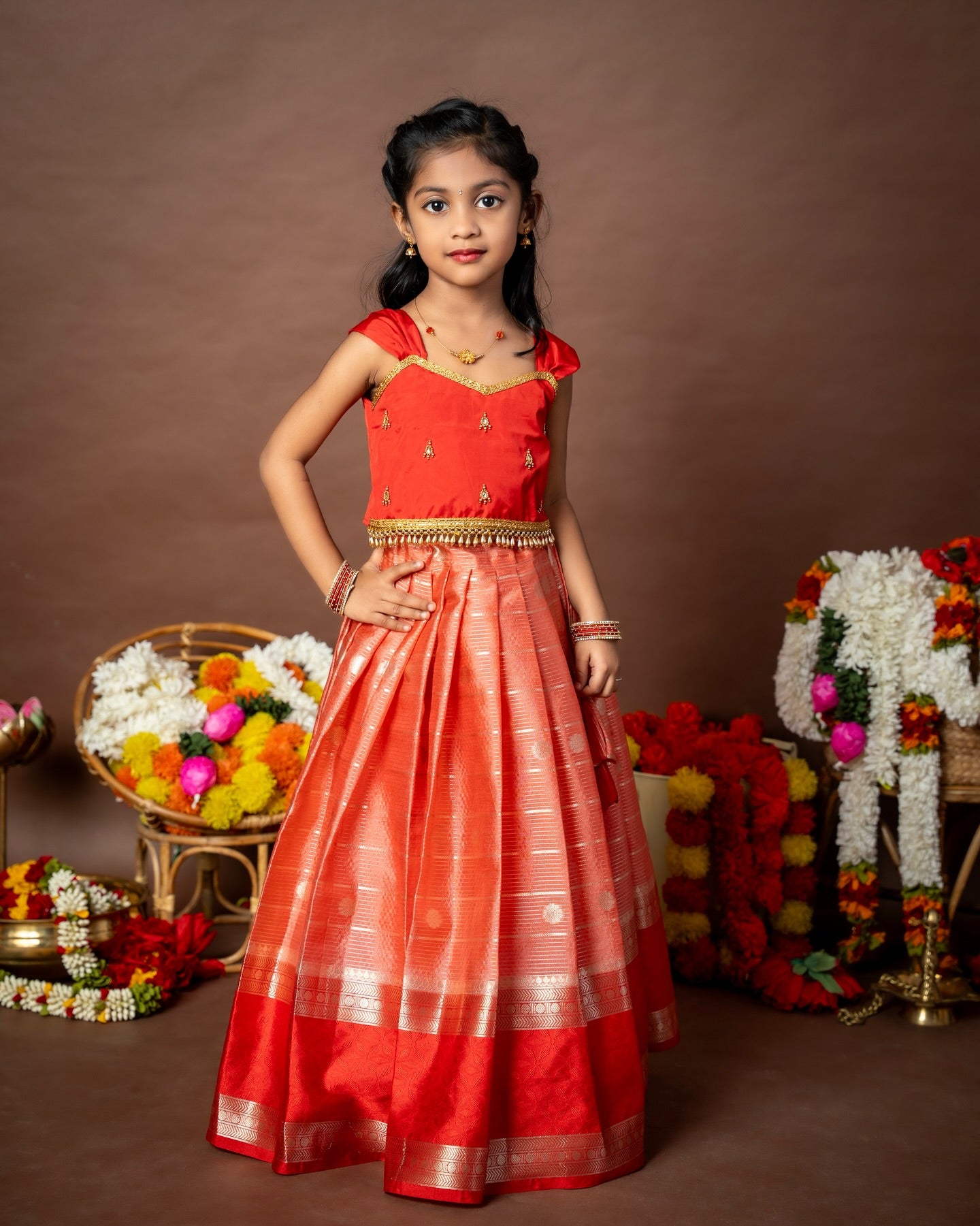 Premium Banarasi Pattu Paavadai Sattai - Peach And Red Combo