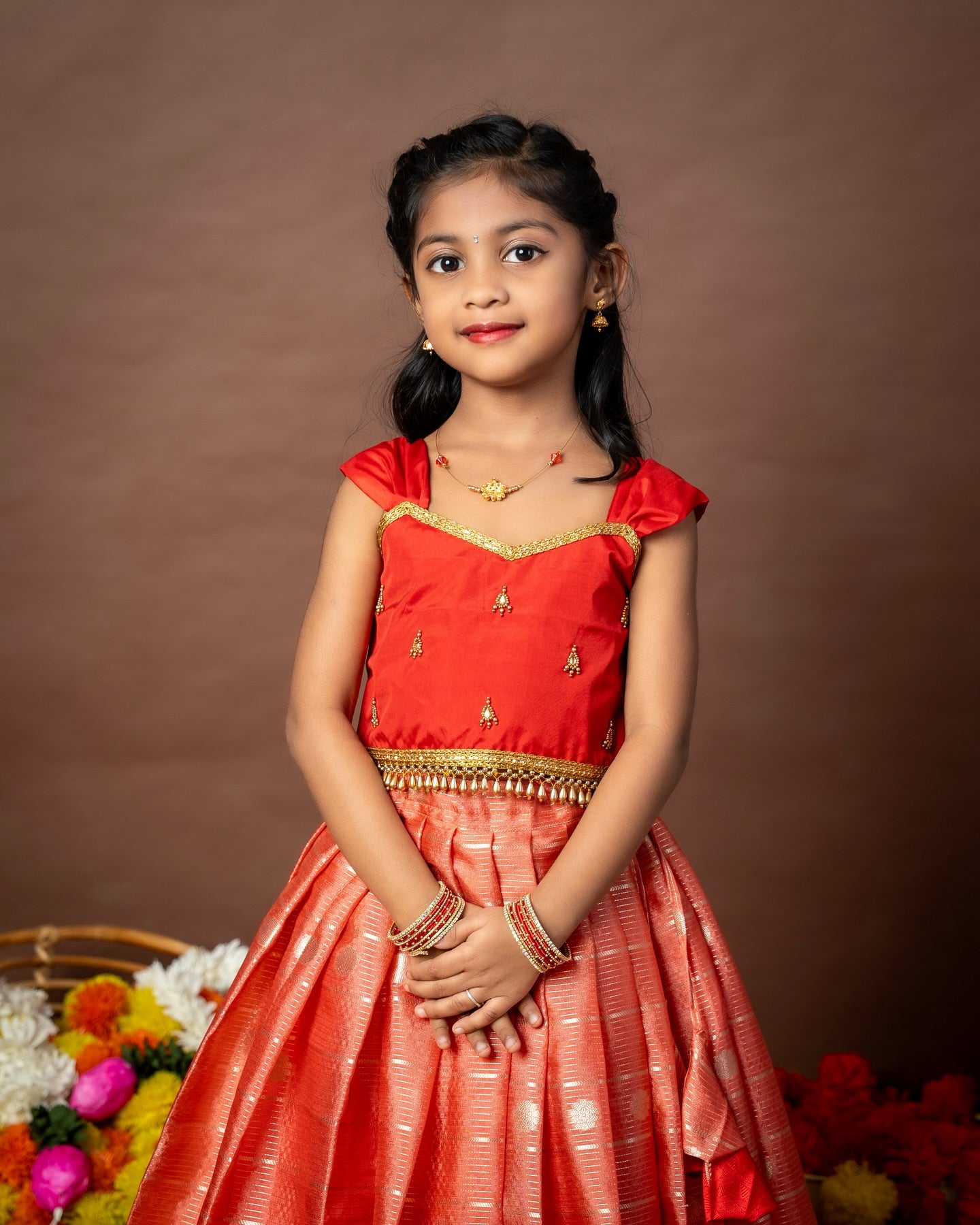 Premium Banarasi Pattu Paavadai Sattai - Peach And Red Combo