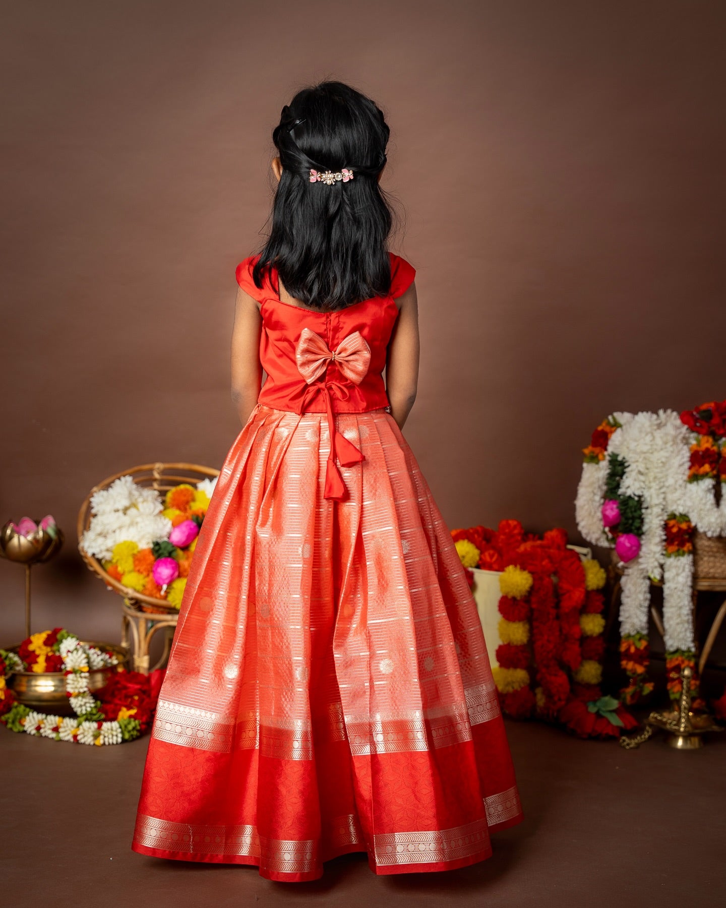 Premium Banarasi Pattu Paavadai Sattai - Peach And Red Combo