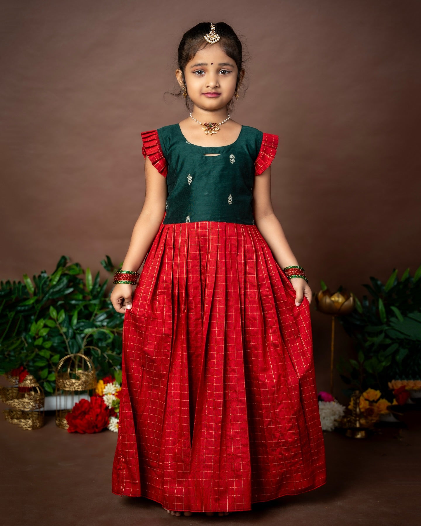 Nayam - The Vintage Collection - Dark Green and Classic Red Long Frock