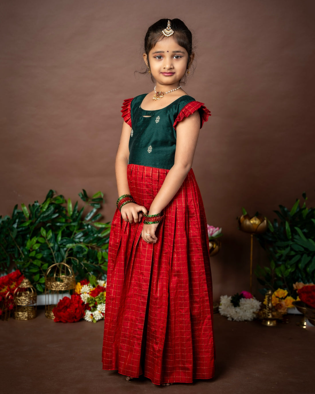 Nayam - The Vintage Collection - Dark Green and Classic Red Long Frock