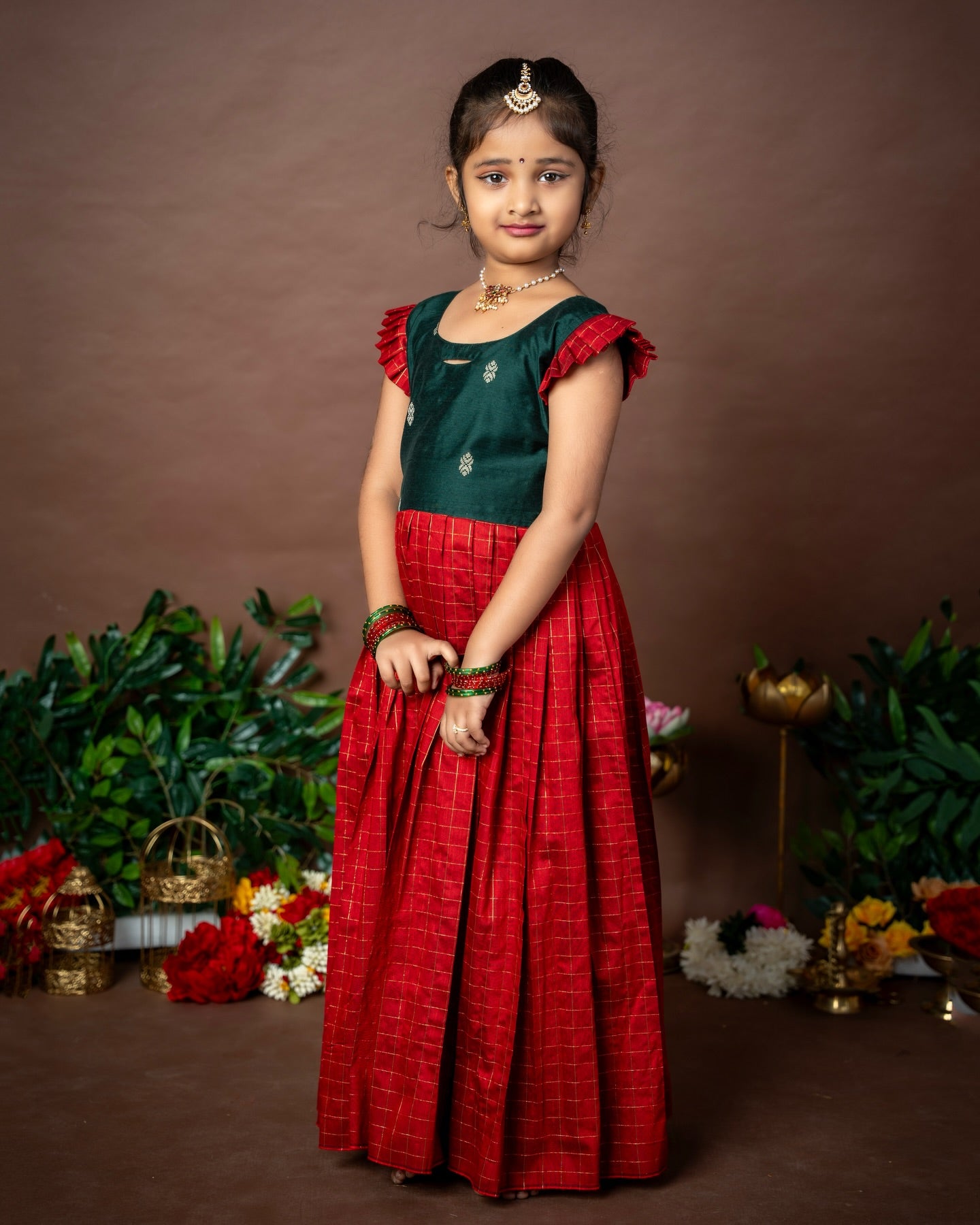 Nayam - The Vintage Collection - Dark Green and Classic Red Long Frock