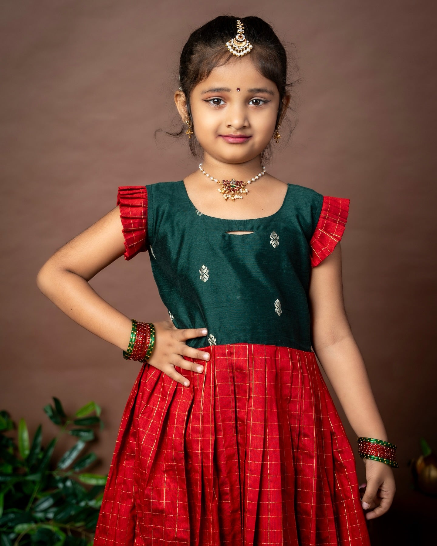 Nayam - The Vintage Collection - Dark Green and Classic Red Long Frock