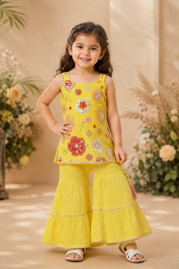 Yellow Designer Top and Sharara Pant Set