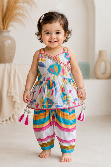 White Multi Color Peplum Top and Pant Set