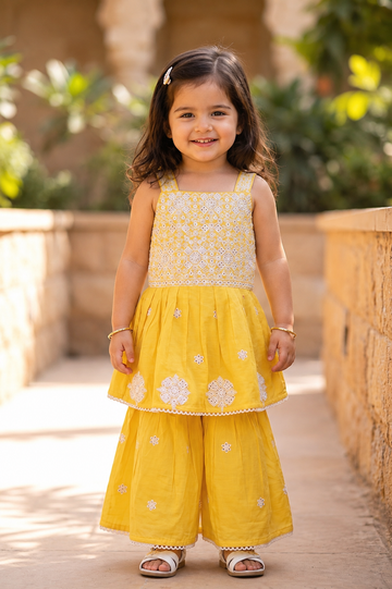 Yellow Embroidery Designer Top and Sharara Pant Set
