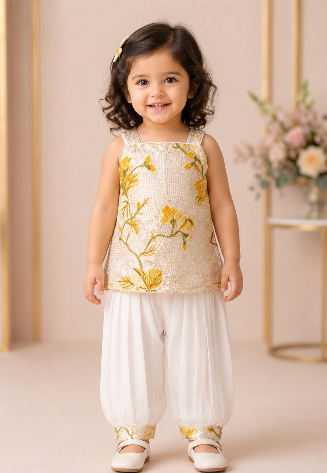 White and Yellow Designer Top and Pant Set