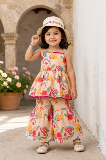 Multi Color Festive Peplum Top and Sharara Pant Set