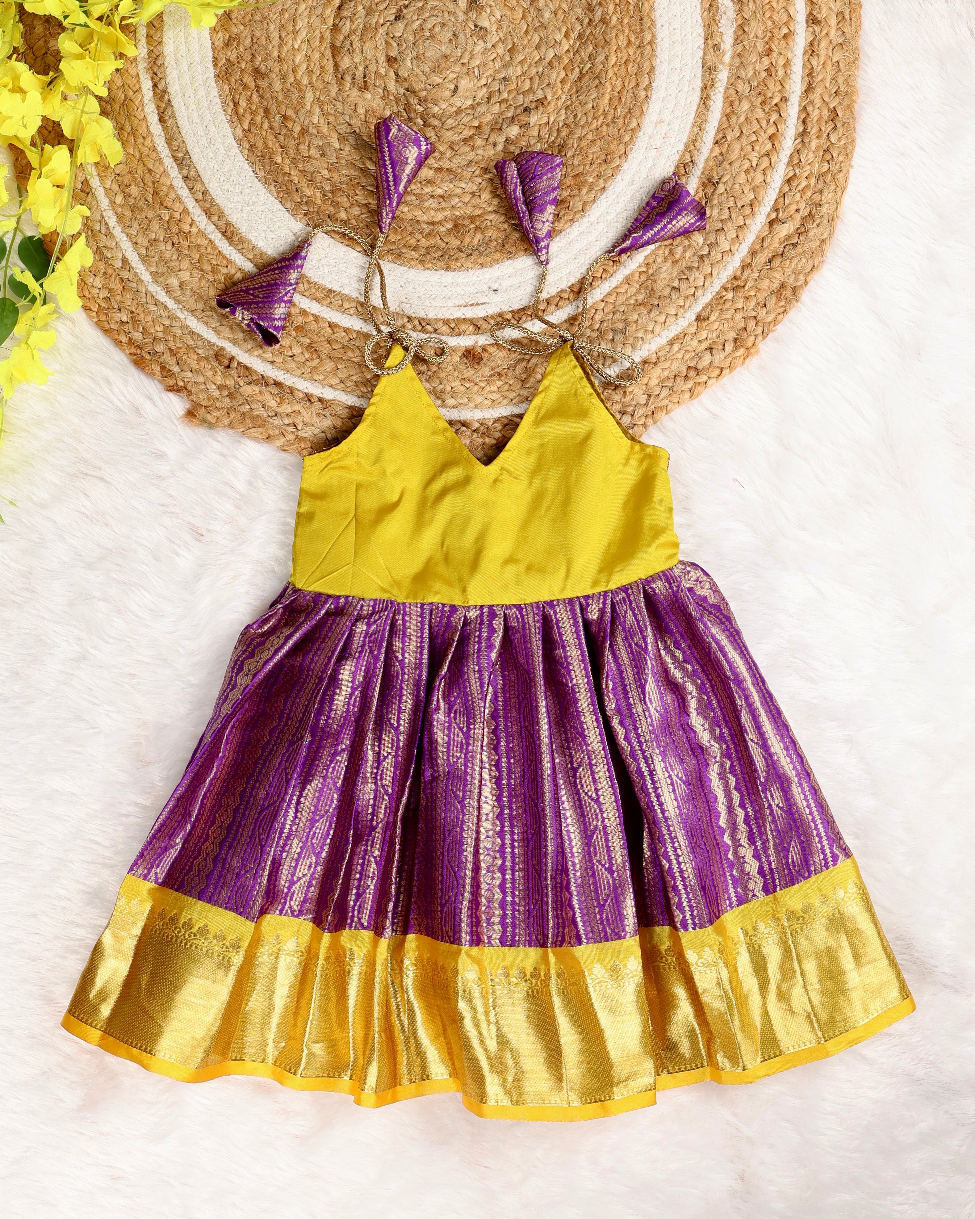 Yellow & Voilet Color Premium Semi Kanchipattu Knot Frock (Short Border)