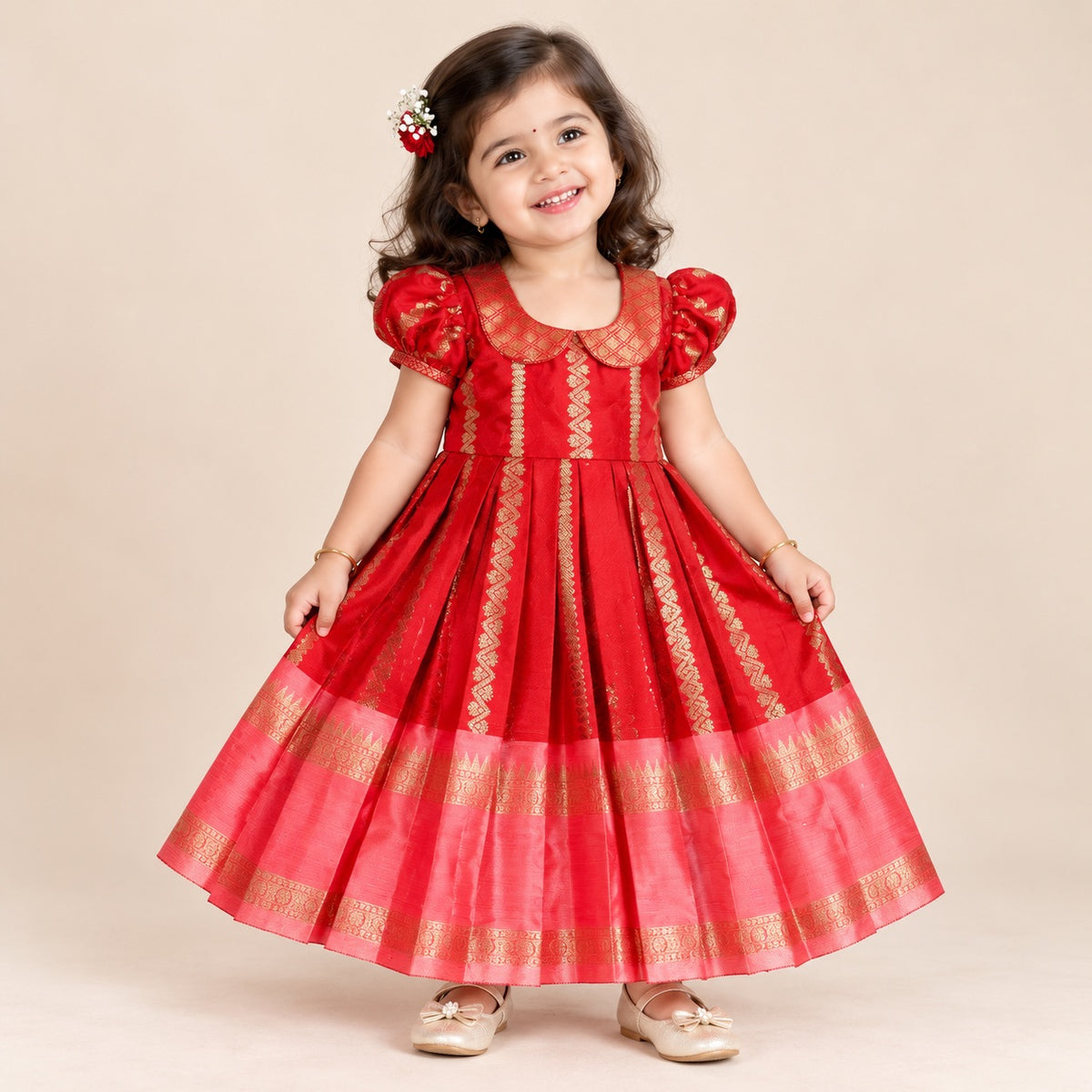 DISHA - Red Color Semi Kanchipattu Peter Pan Collar Silk Frock