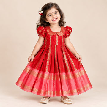DISHA - Red Color Semi Kanchipattu Peter Pan Collar Silk Frock