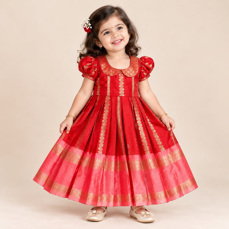 DISHA - Red Color Semi Kanchipattu Peter Pan Collar Silk Frock