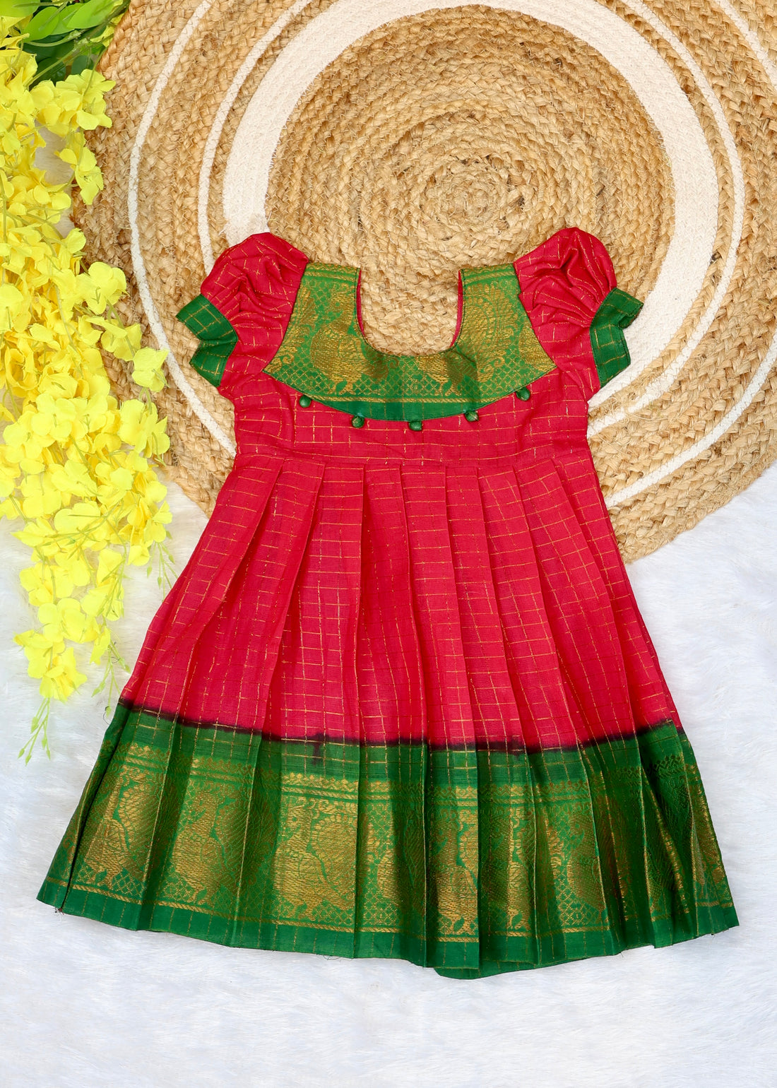 Pink and Green Border Sungudi Cotton Ethnic Frock