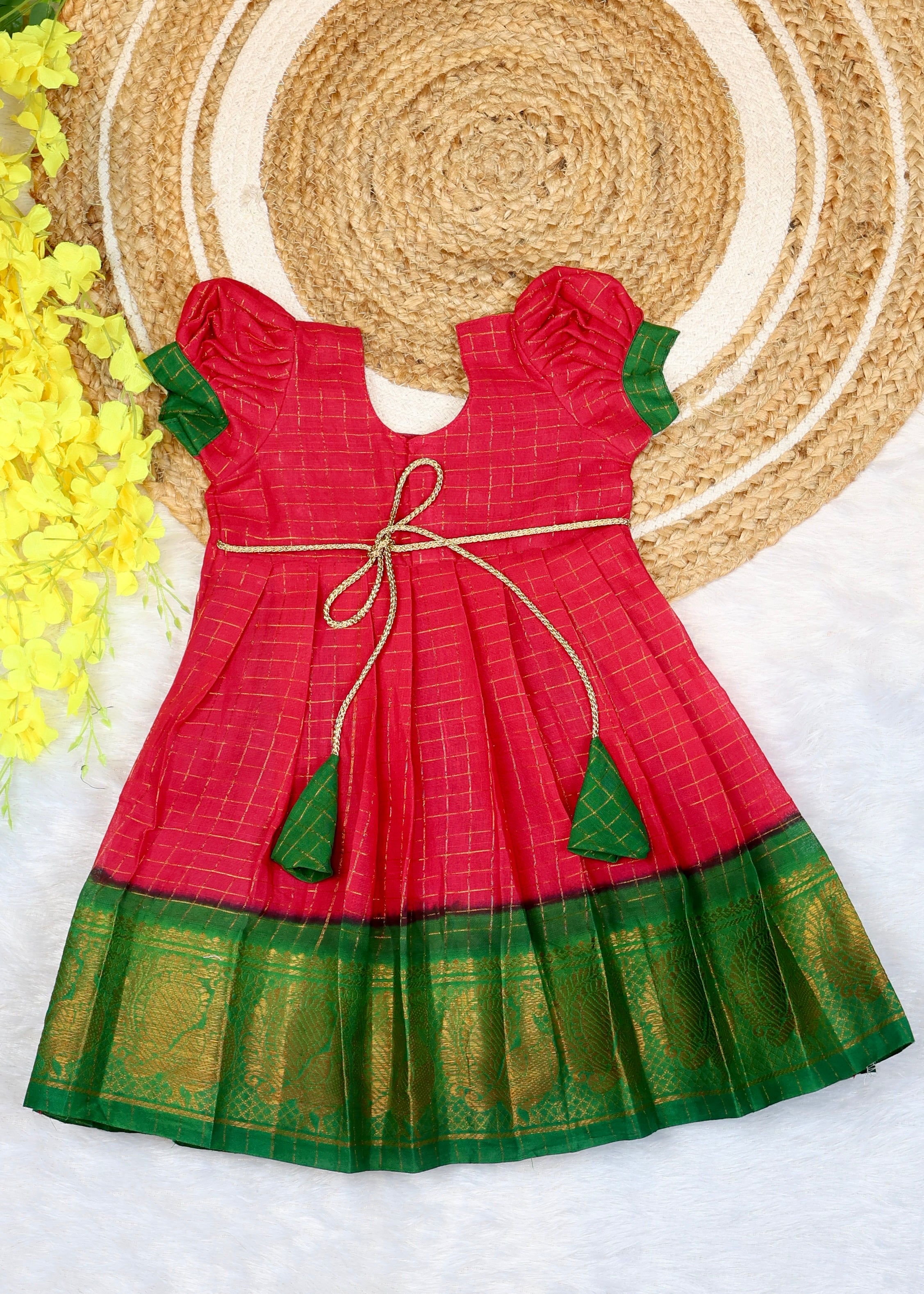 Pink and Green Border Sungudi Cotton Ethnic Frock