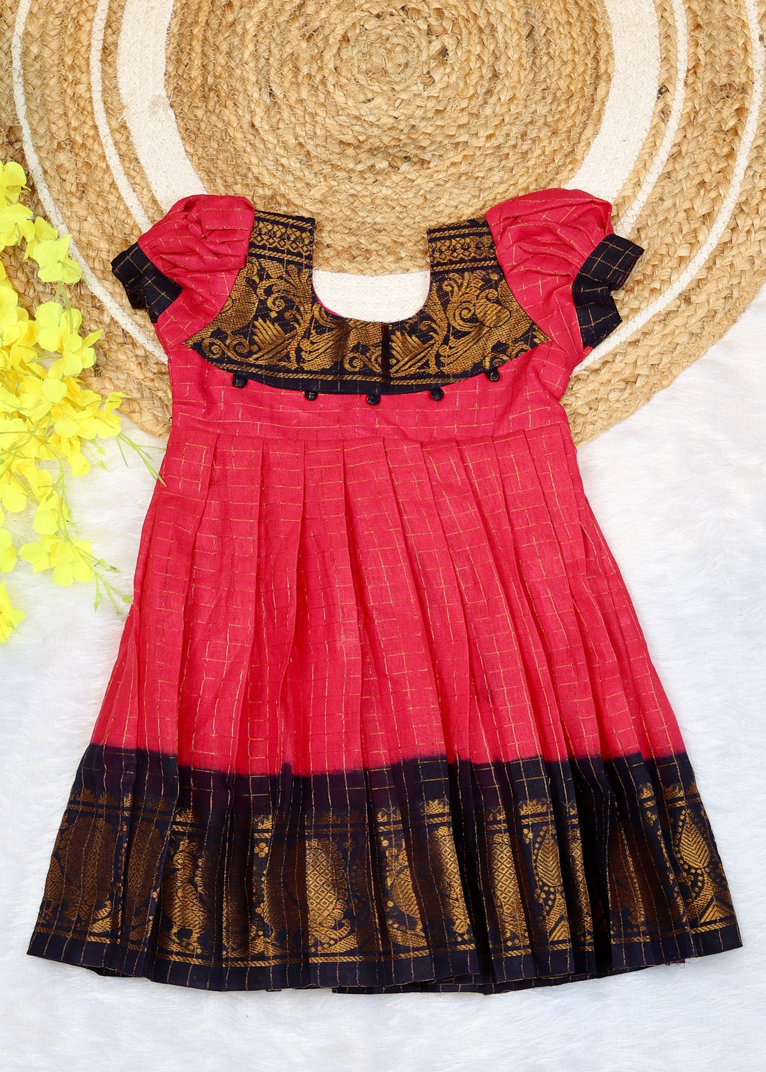 Pink and Dark Blue Border Sungudi Cotton Ethnic Frock