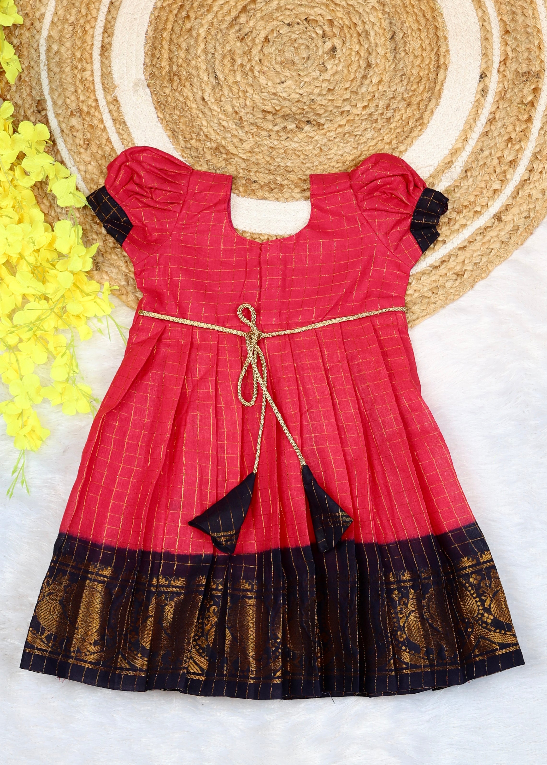 Pink and Dark Blue Border Sungudi Cotton Ethnic Frock