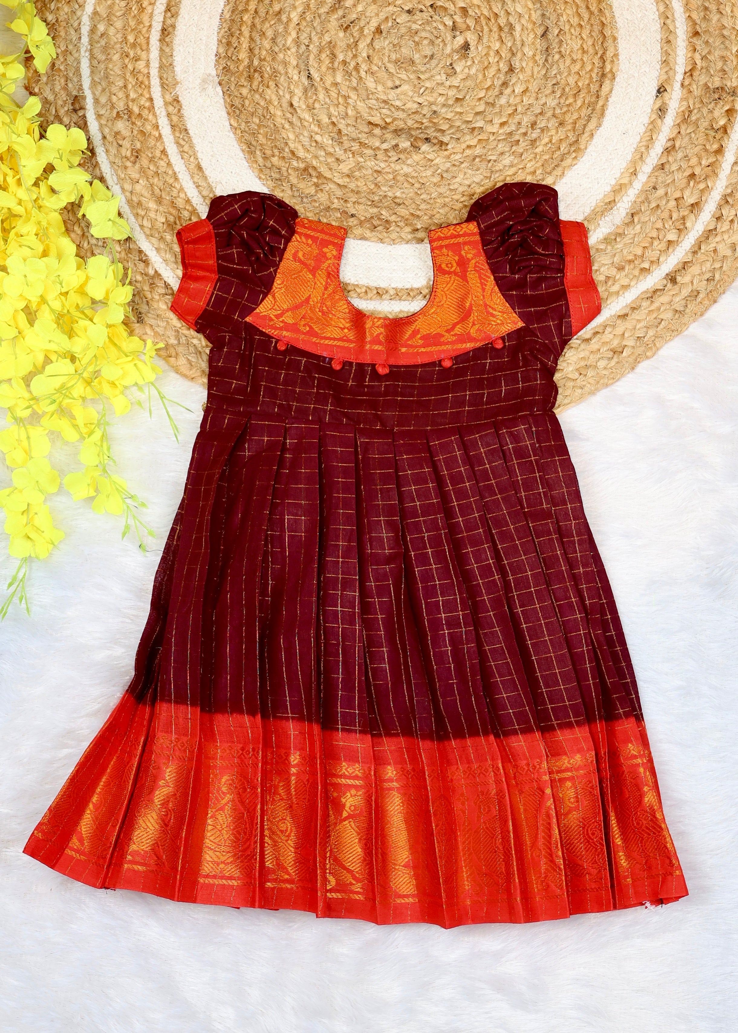 Maroon and Red Border Sungudi Cotton Ethnic Frock