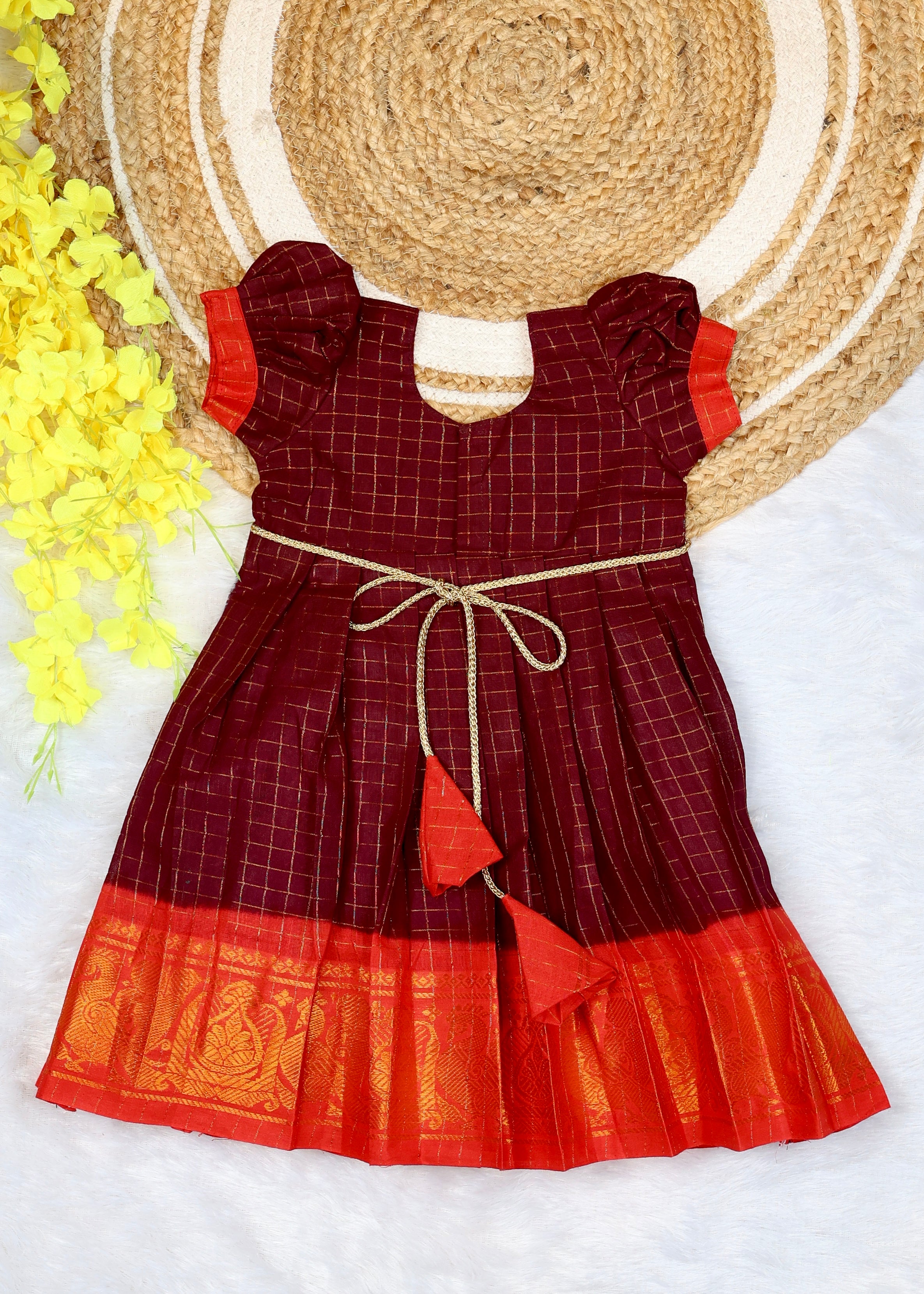Maroon and Red Border Sungudi Cotton Ethnic Frock