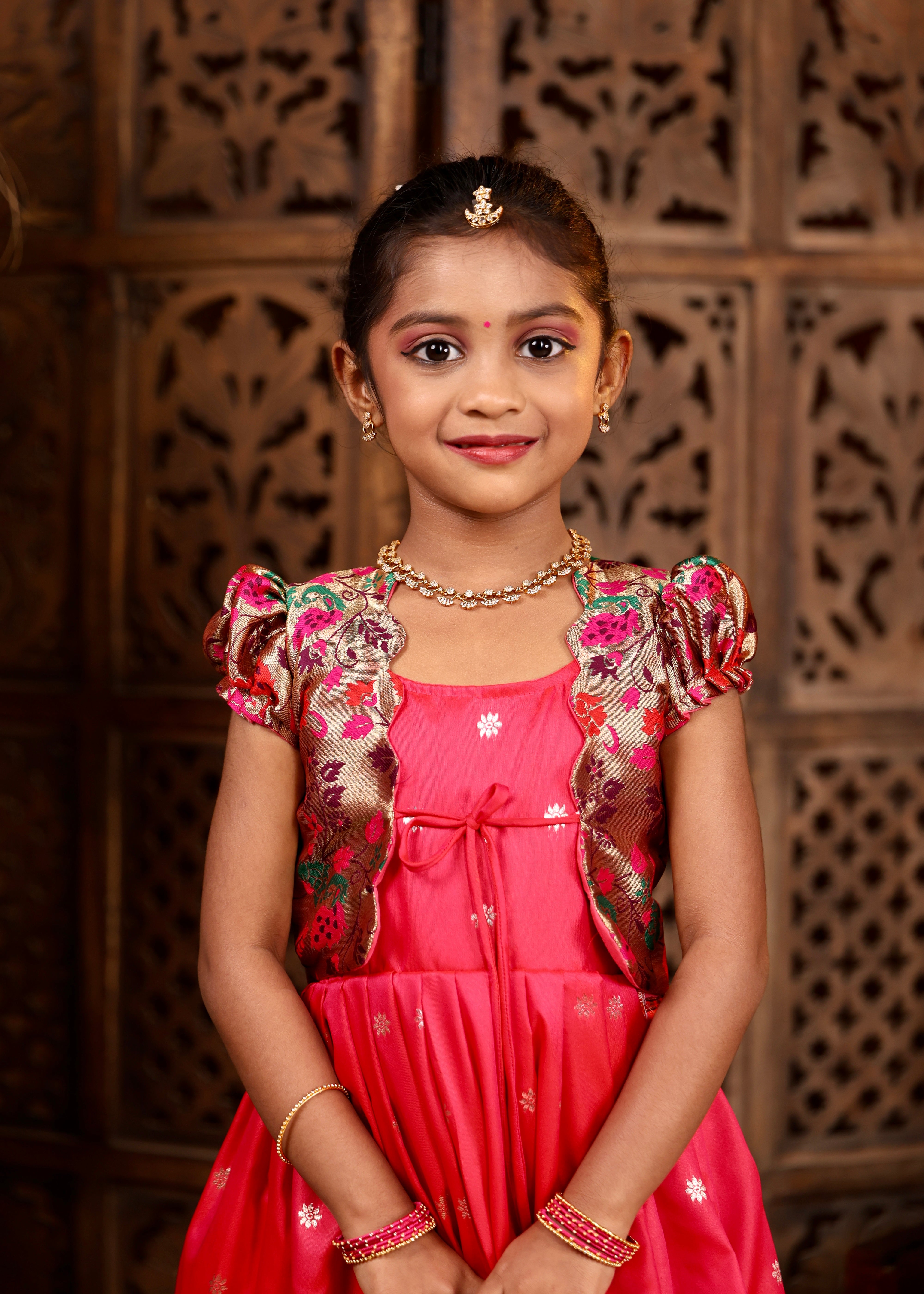 PAVITHRAM - Rani Pink Luxurious Soft Silk Frock and Paithani Overcoat