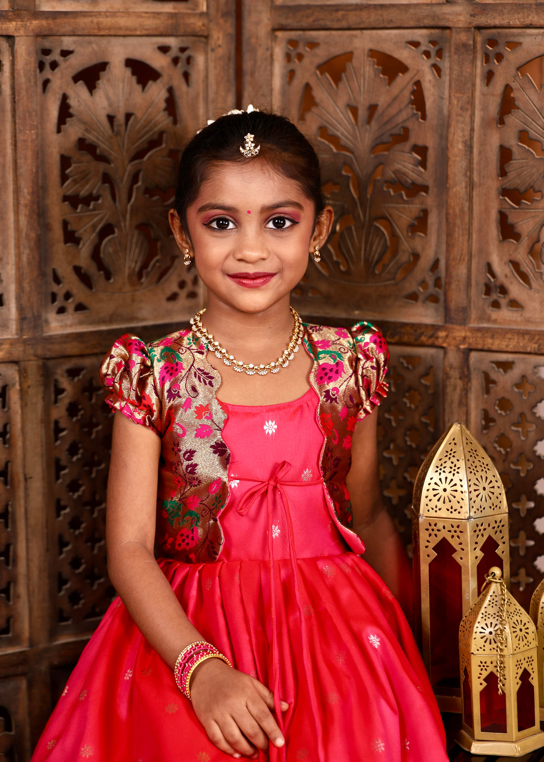 PAVITHRAM - Rani Pink Luxurious Soft Silk Frock and Paithani Overcoat