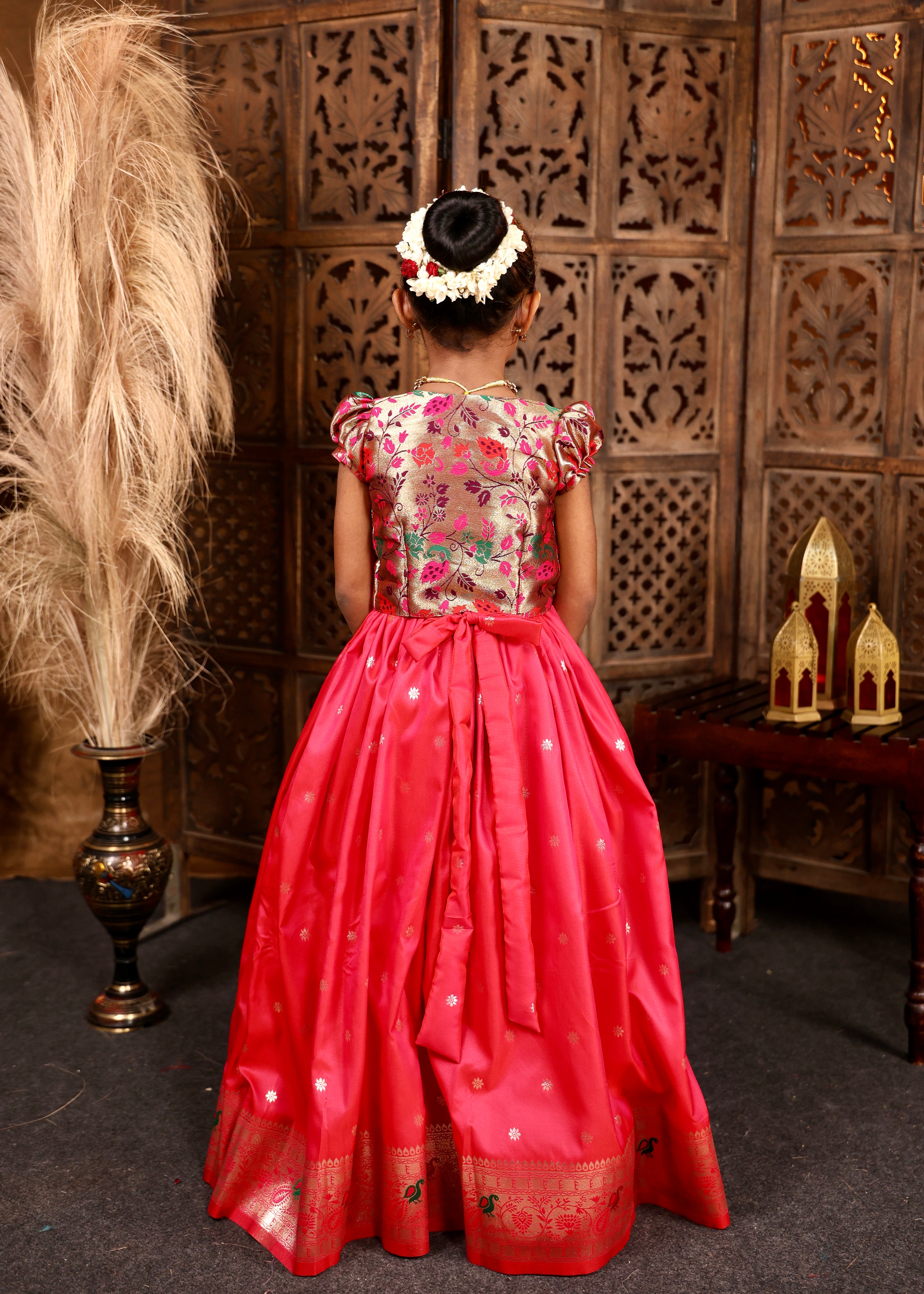 PAVITHRAM - Rani Pink Luxurious Soft Silk Frock and Paithani Overcoat