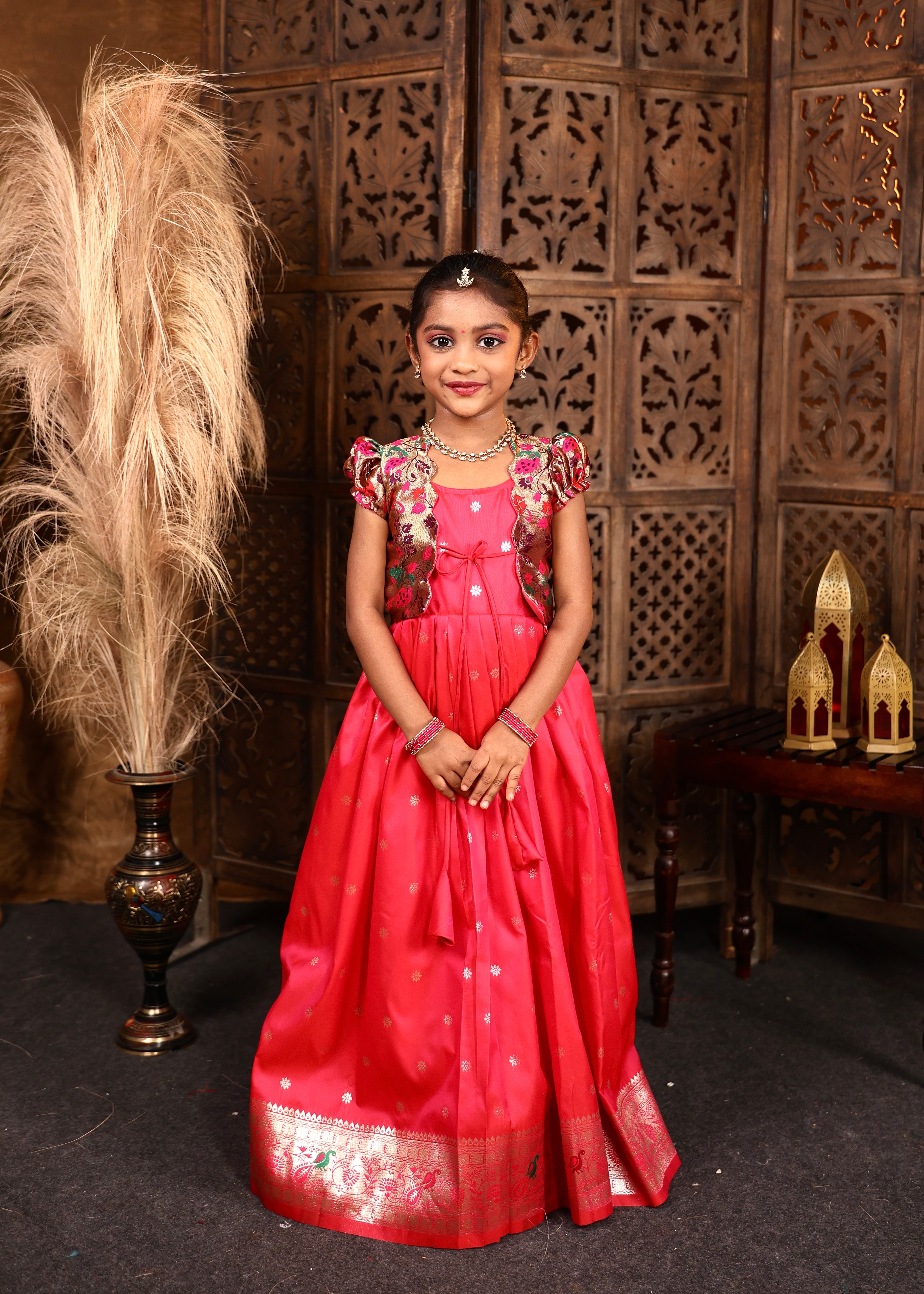 PAVITHRAM - Rani Pink Luxurious Soft Silk Frock and Paithani Overcoat