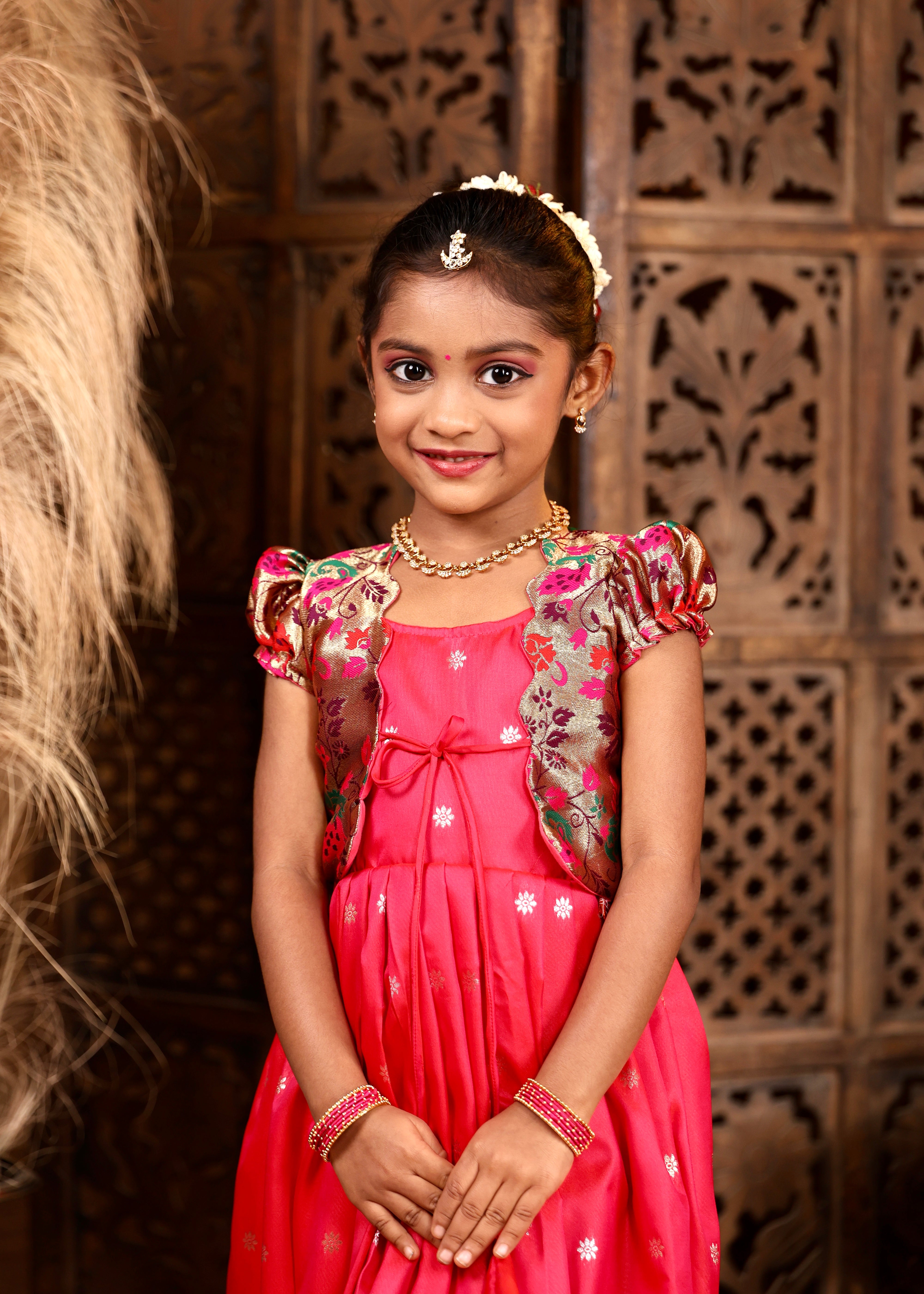 PAVITHRAM - Rani Pink Luxurious Soft Silk Frock and Paithani Overcoat