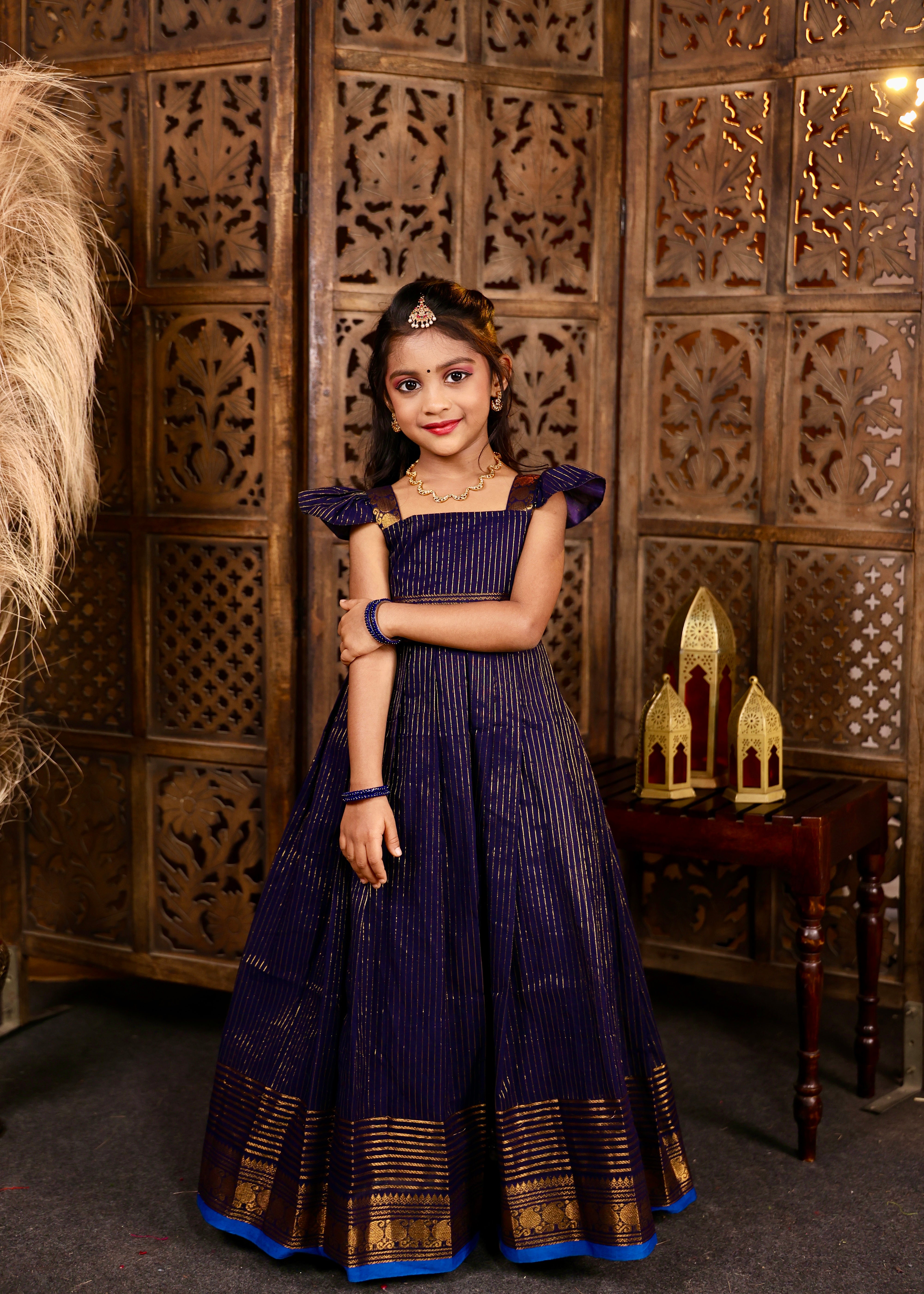 KAYAL - Dark Blue Premium Chettinadu Cotton Long Frock
