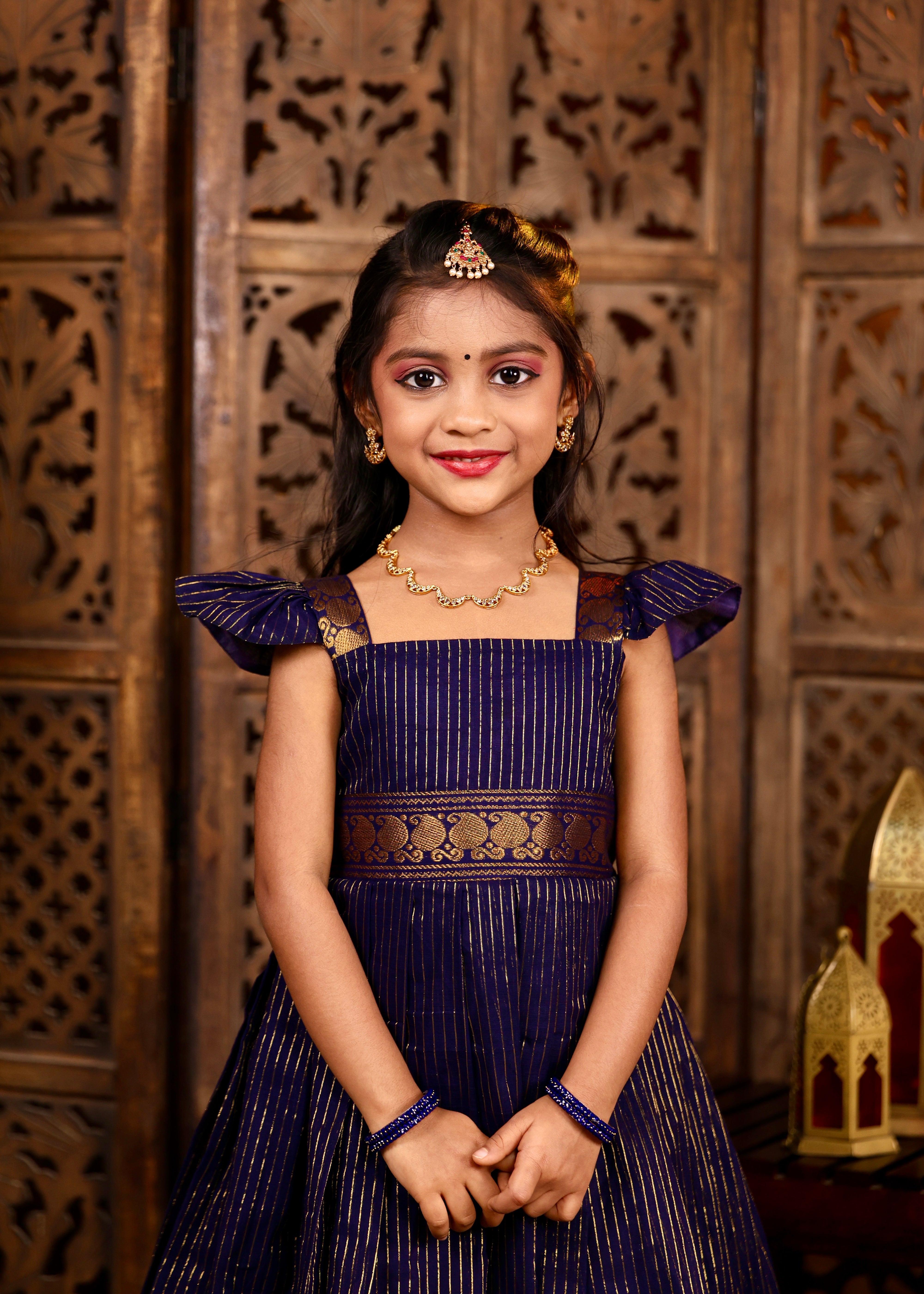 KAYAL - Dark Blue Premium Chettinadu Cotton Long Frock