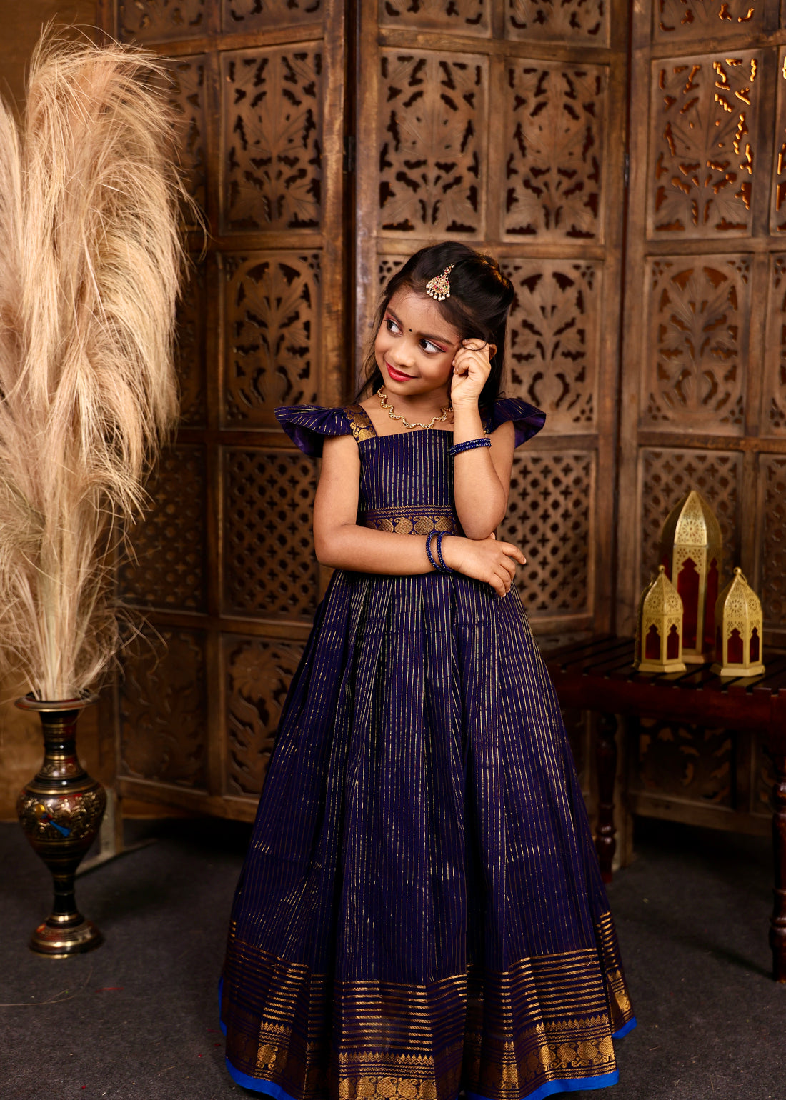 KAYAL - Dark Blue Premium Chettinadu Cotton Long Frock