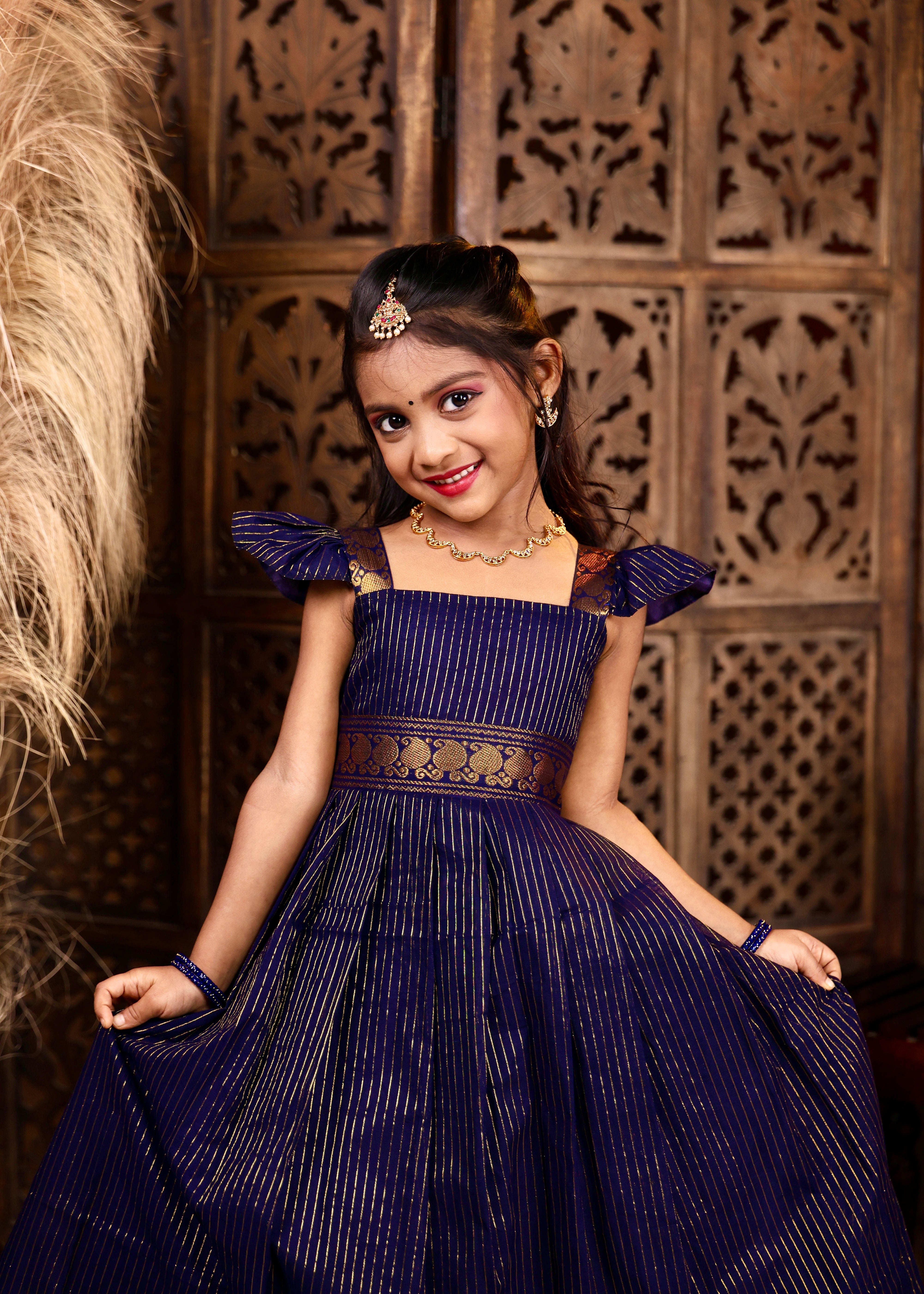 KAYAL - Dark Blue Premium Chettinadu Cotton Long Frock