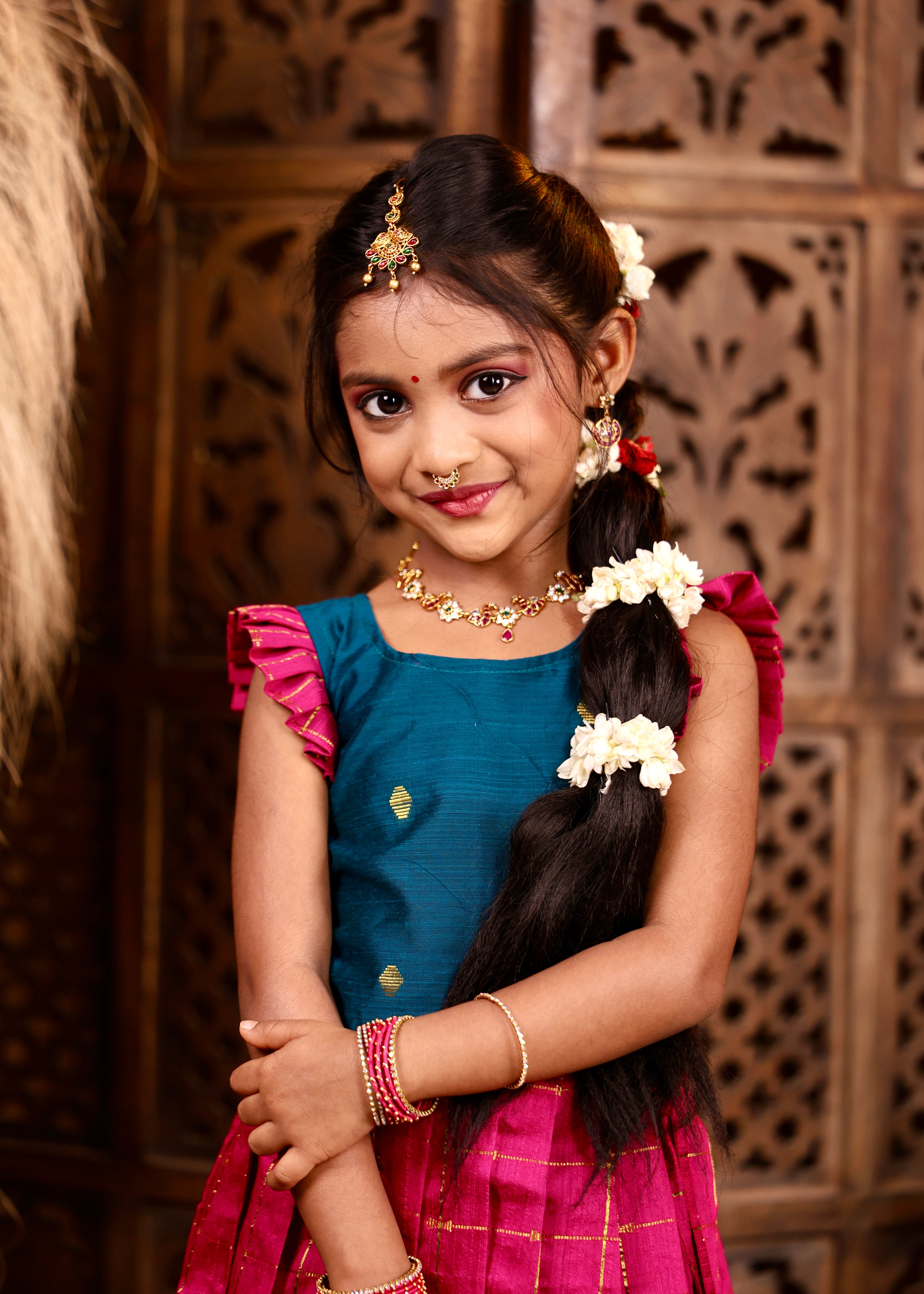 MULLAI - Rani Pink Pleated Skirt and Ramar Blue Raw Silk Top