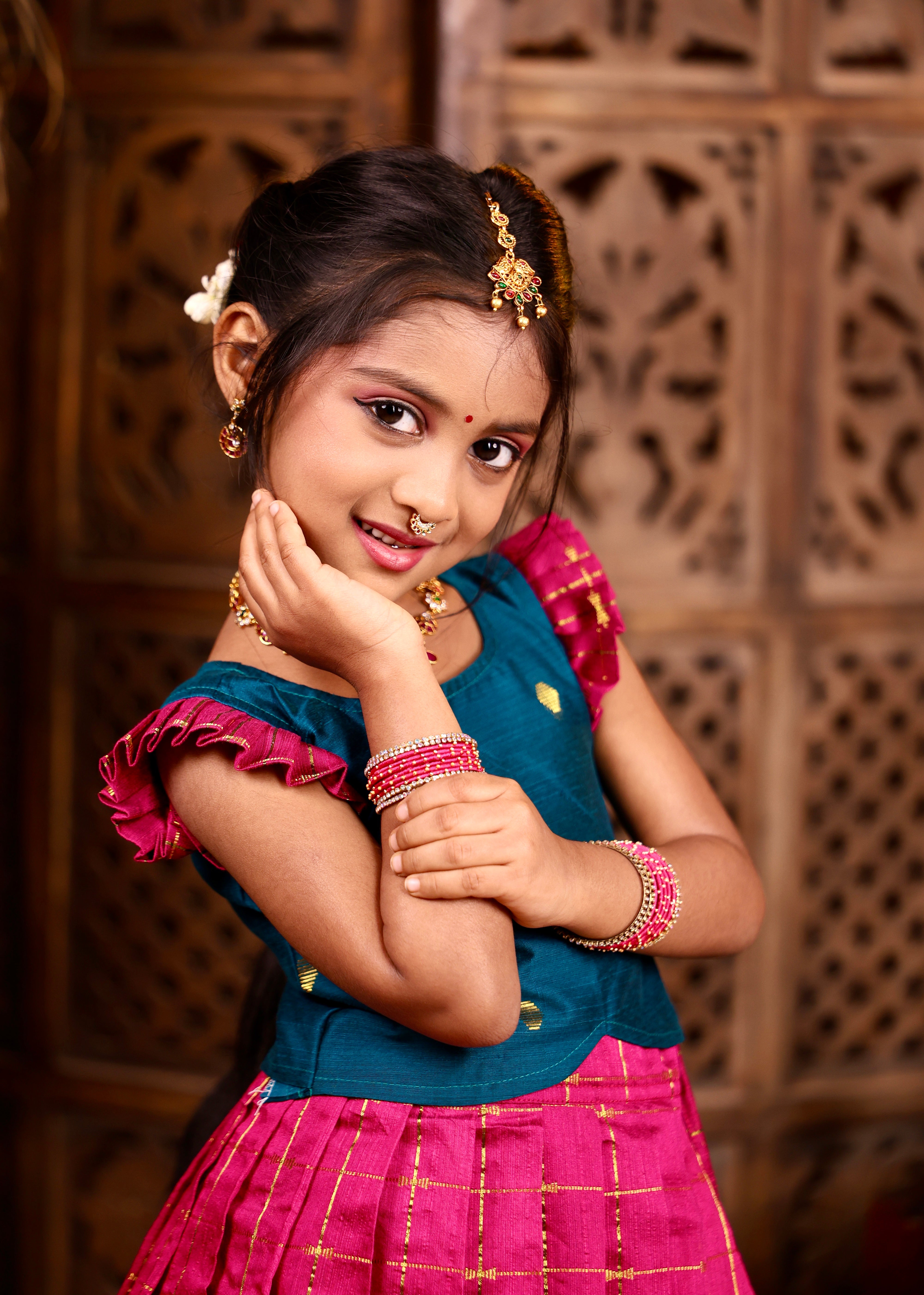 MULLAI - Rani Pink Pleated Skirt and Ramar Blue Raw Silk Top