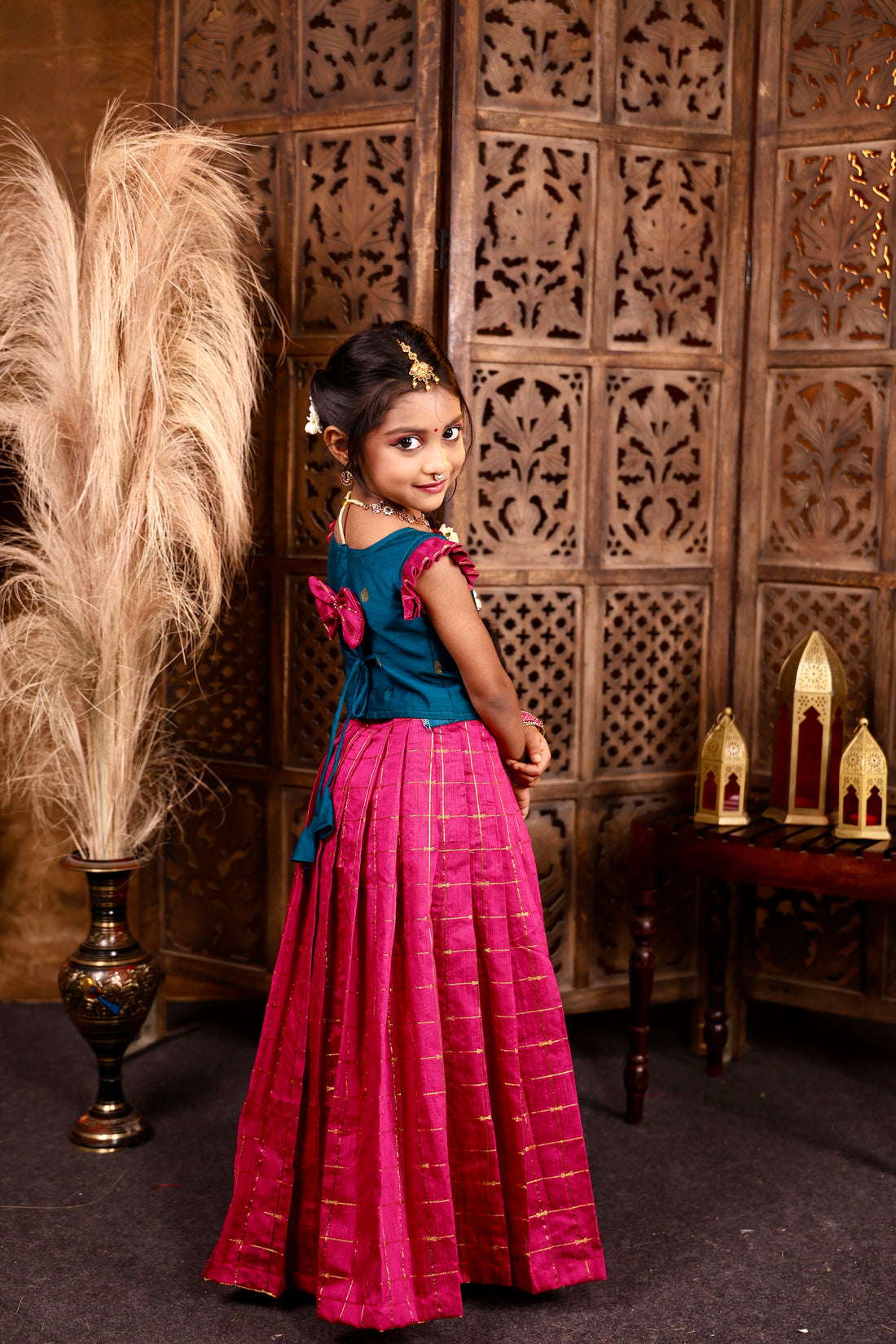 MULLAI - Rani Pink Pleated Skirt and Ramar Blue Raw Silk Top
